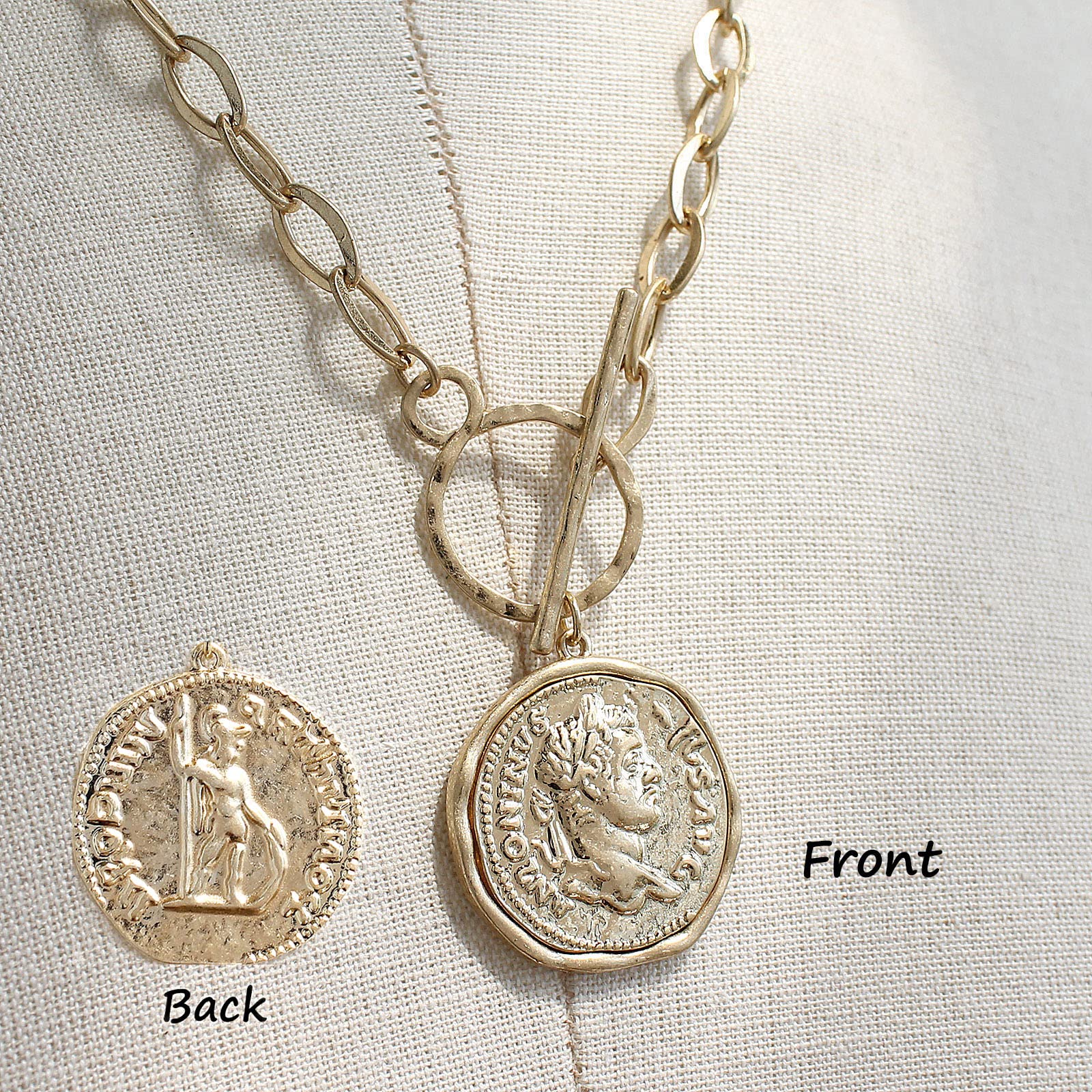 POMINA Chunky Gold Coin Necklace Trendy Fashion Statement Toggle Necklace Antique Gold Pendant Thick Link Chain Necklaces for Women (Worn Gold)