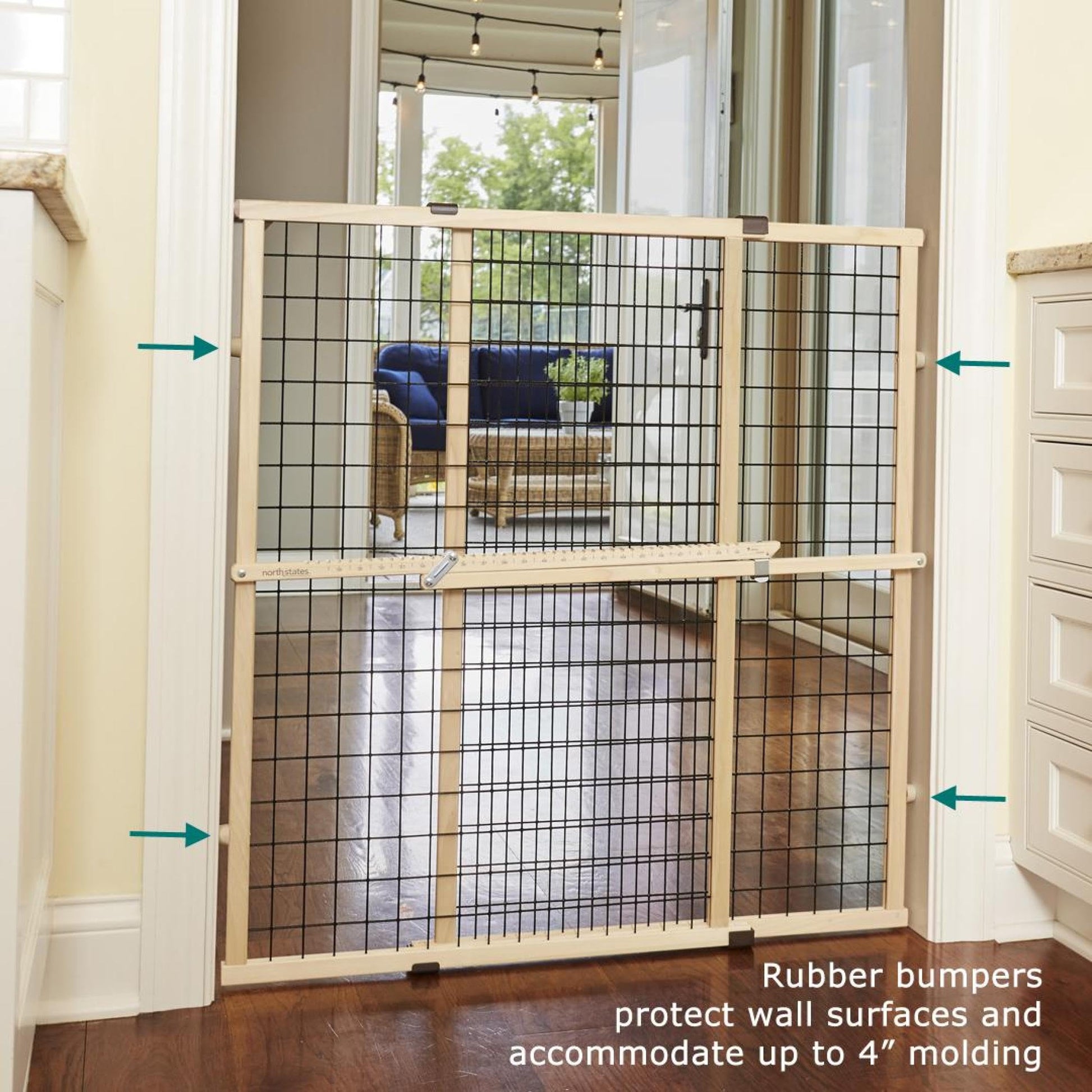 MYPET North States Wire Mesh Dog Gate: 29.5-48" Wide. Pressure Mount. No Tools Needed. Made in USA. Dog Gate 37" Tall, Expandable, Durable Dog Gates for Doorways, Sustainable Hardwood, Natural Finish