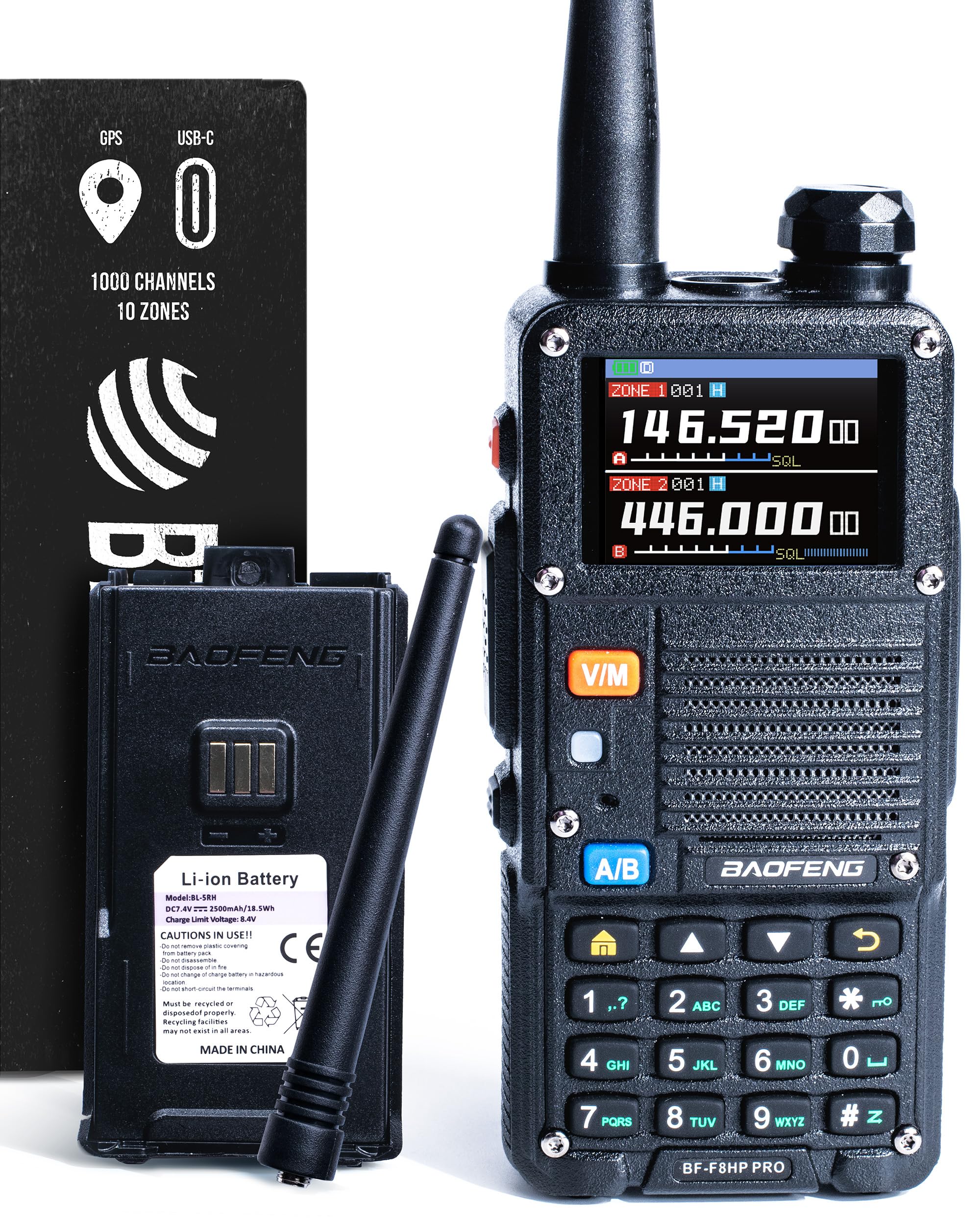 BAOFENG BF-F8HP PRO 10 W Tri-Band Two-Way Radio – UV-5R 7th Gen, 1000 Channels, GPS & NOAA Weather, Aviation/VHF/UHF/1.25 m Scanner, IP54 Rugged, USB-C Rechargeable Battery