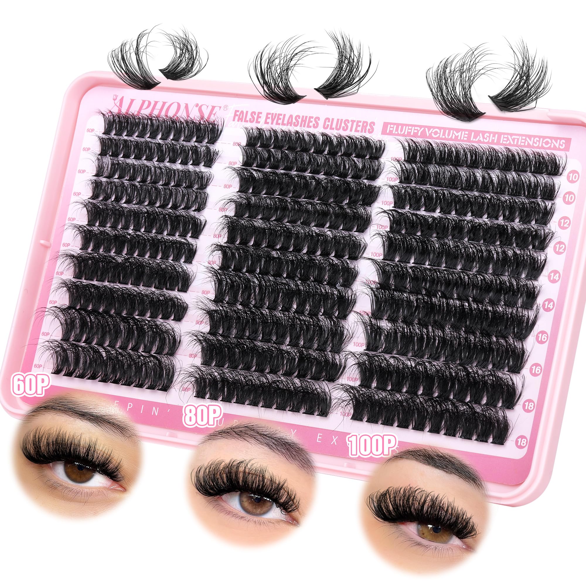 Fluffier Lash Clusters Thick Volume Lash Extension 10-18mm Cluster Eyelash Extensions DIY Individual Lashes Wispy at Home Pestaas Pelo a Pelo by ALPHONSE (60D+80D+100D, 300pcs)