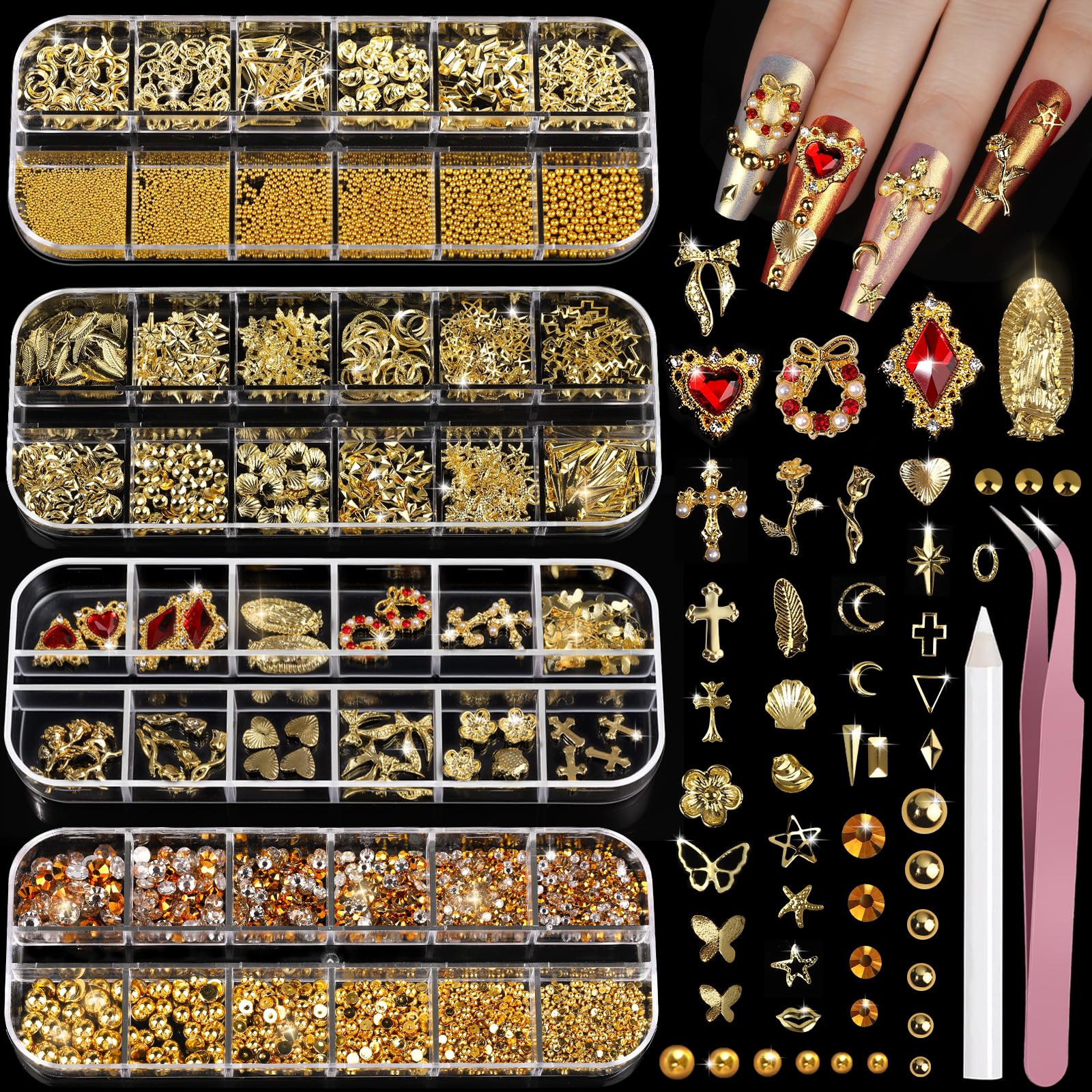 مجموعة Teenitor Gold Nail Charms و Gems، 4 علب من الأحجار الكريمة للأظافر ولآلئ الأظافر وأدوات تزيين الأظافر، حُلي أظافر على شكل صليب ثلاثي الأبعاد وأحجار الراين على شكل قلب لتوريدات الأظافر، حُلي لتصميم الأظافر، مجموعة تزيين الأظافر