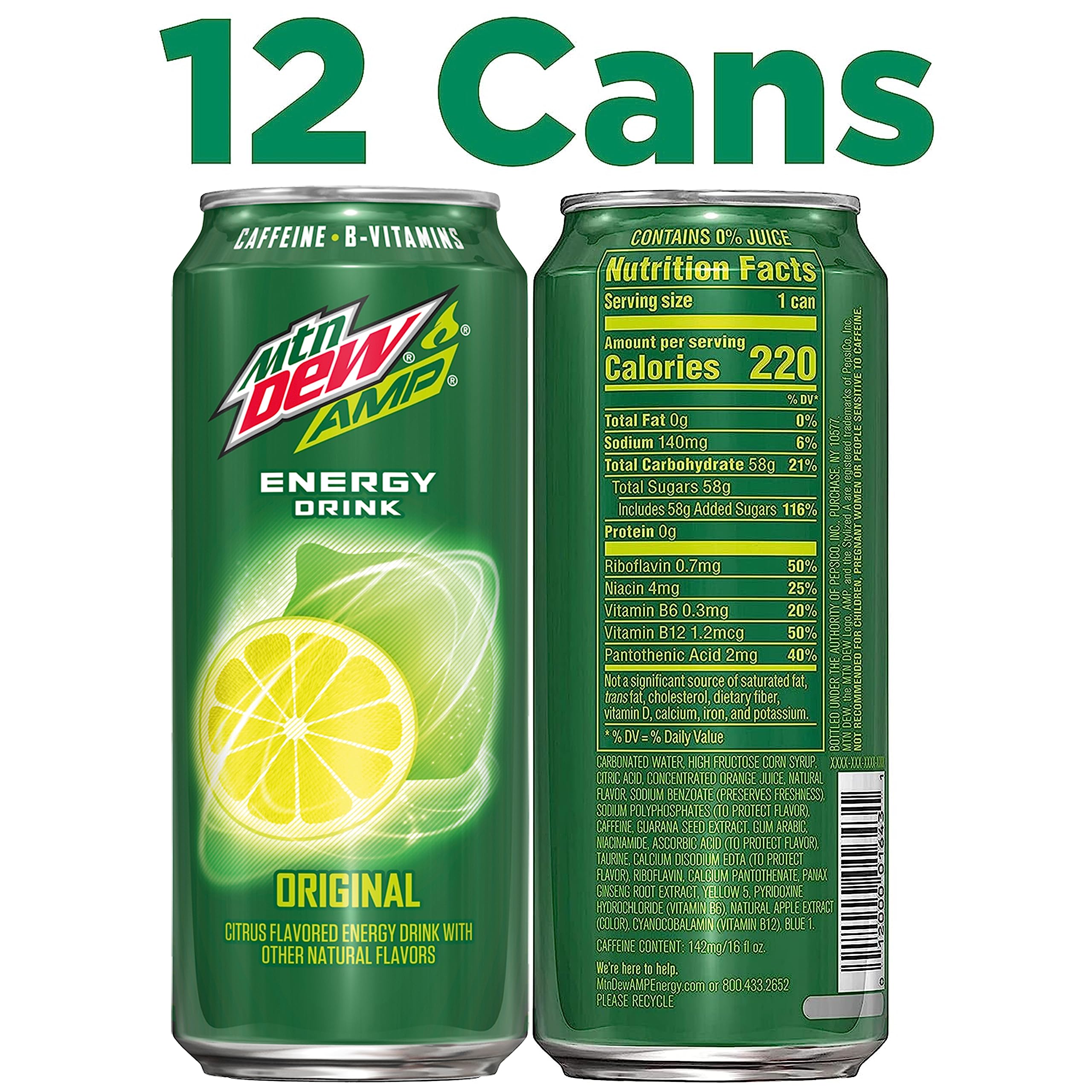 Mtn Dew AMP Energy, Original, Energy Drink with Caffeine, B Vitamins, 16 fl oz cans (12 Pack)