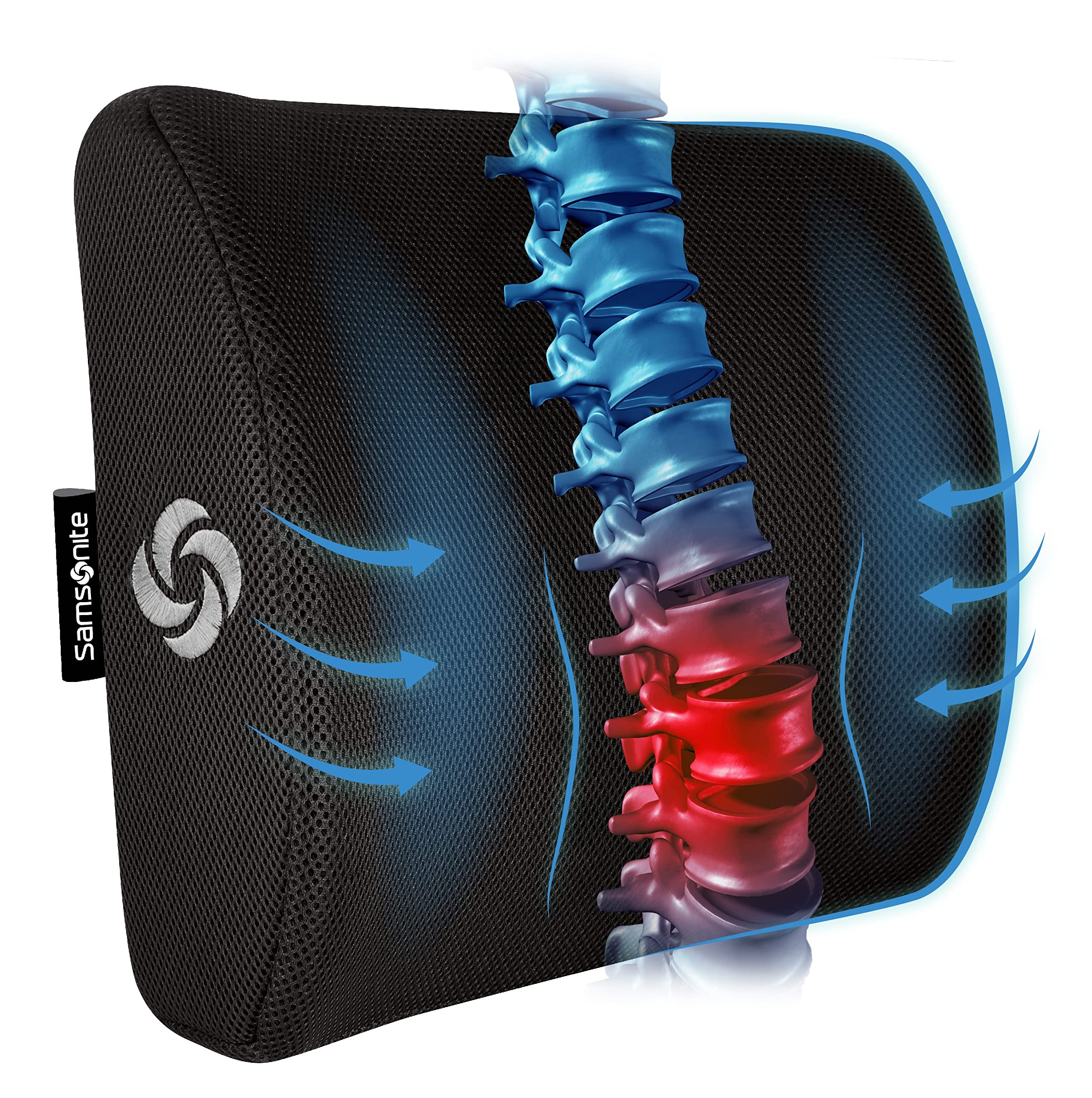 Samsonite Ergonomic Lumbar Support Pillow for Office Chair, Gaming Chair, or Car, Memory Foam Cushion with Ventilated Mesh and Adjustable Strap