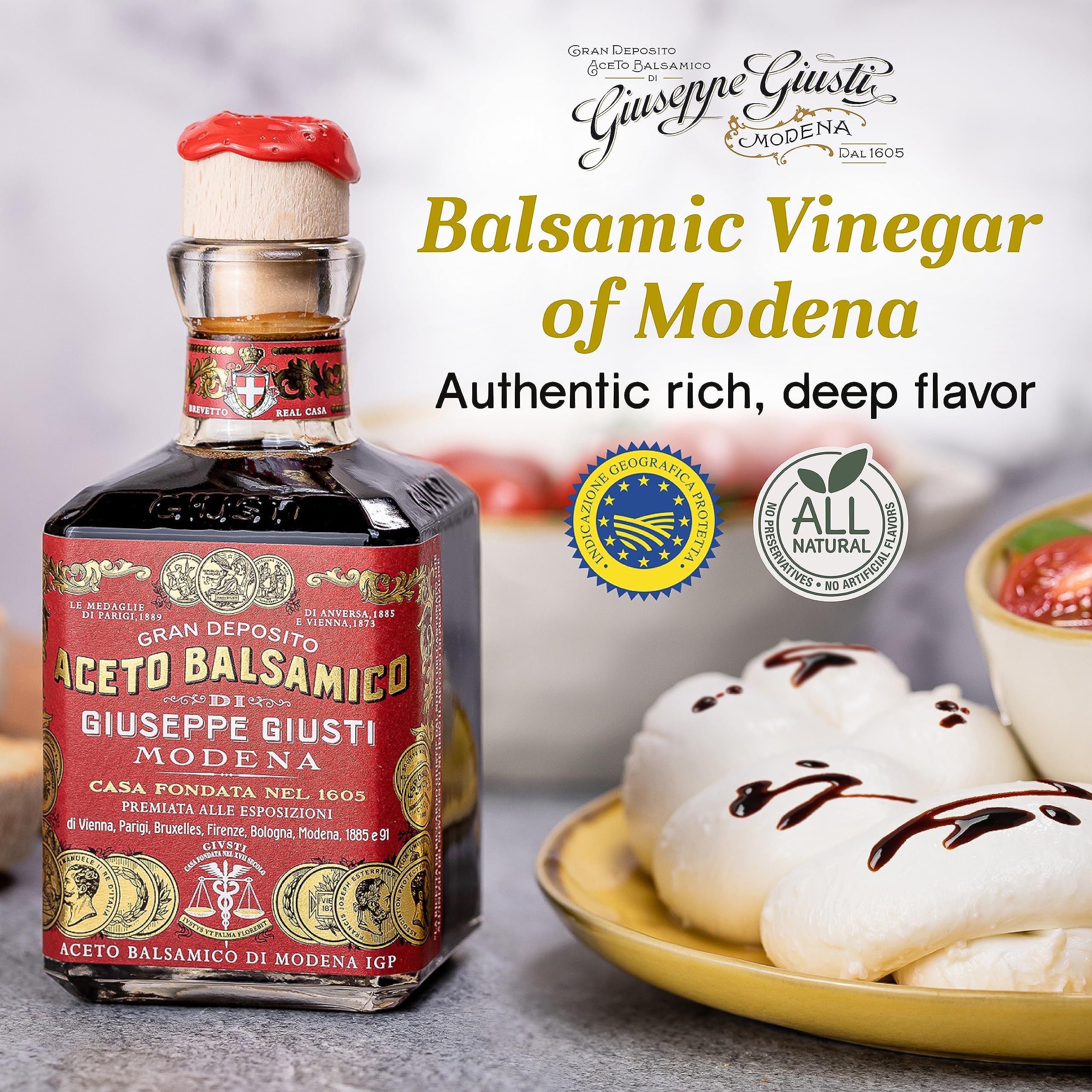Giusti Italian Balsamic Vinegar of Modena IGP - 3 Gold Medals, Rich & Thick Gran Deposito Aceto Balsamico di Modena for Salads, Cheese & Finishing Touches, Made in Italy – 8.45 fl oz/250 ml -Pack of 1