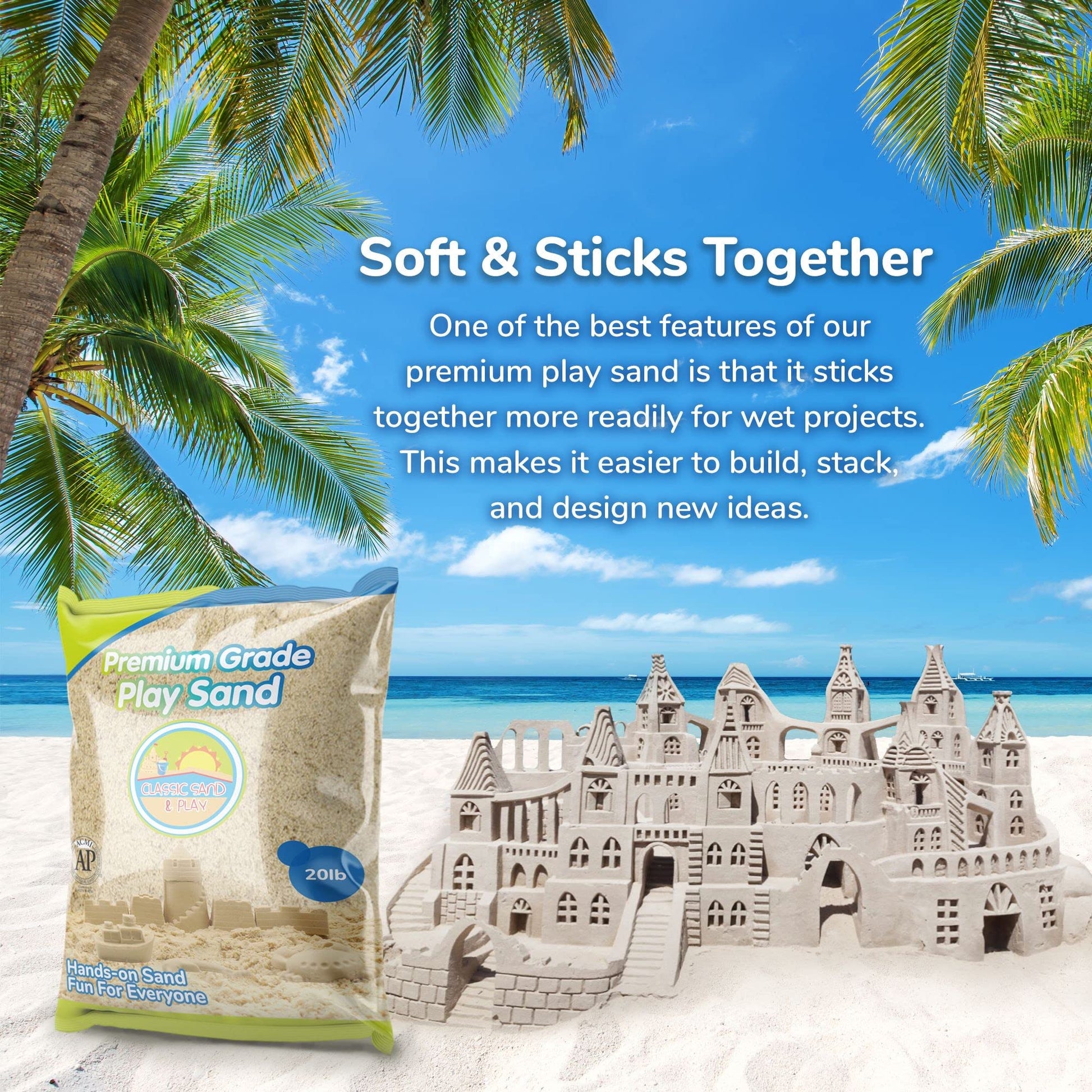 Classic Sand and Play Sand for Sandbox, Table, Therapy, and Outdoor Use, 20 lb. Bag, Natural, Non-Toxic, Wet Castle Building for Creativity and Stimulates Sensory Skills
