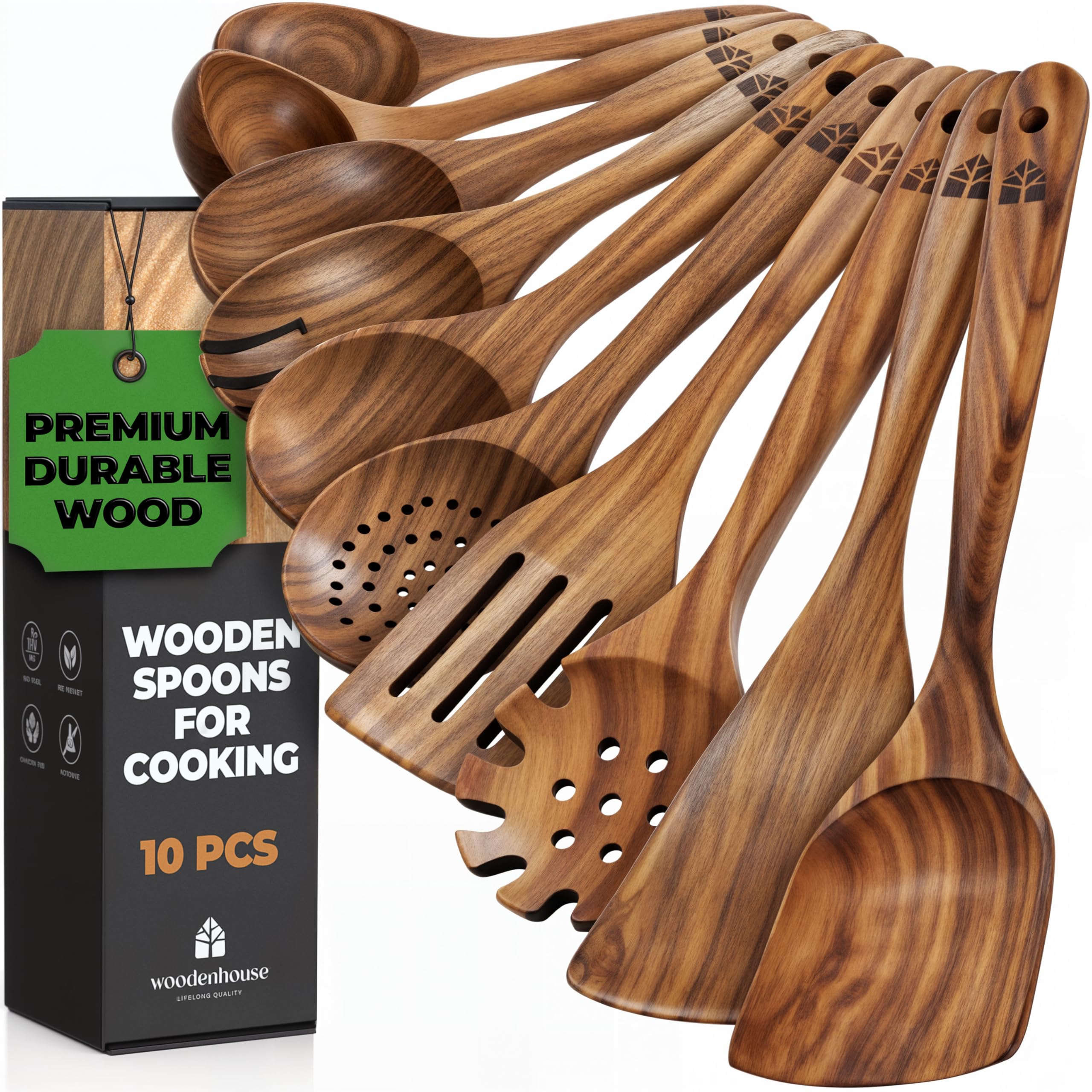 Wooden Spoons for Cooking, 10 Pcs Wooden Cooking Utensils Set – Wooden Utensil Set for Nonstick Pans & Cookware – Teak Wood - Sturdy, Lightweight & Heat Resistant