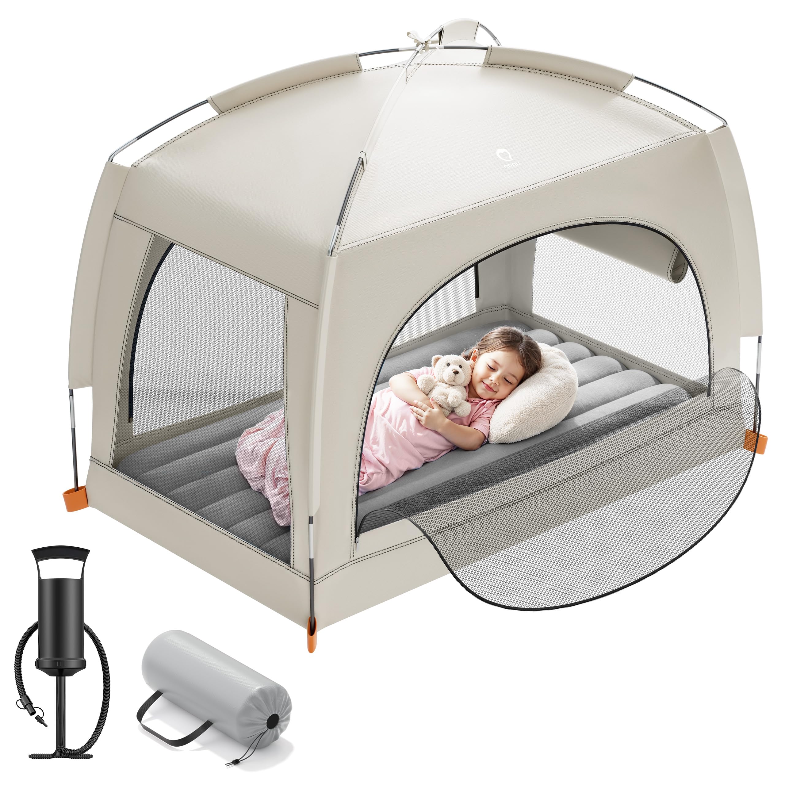 QPAU Inflatable Toddler Travel Bed with Tent - Lightweight Blow Up Kids Air Mattress with Hand Pump - Indoor & Outdoor Portable Sleeping Solution for Camping, Travel, Home, Grandma's - Ages 3+