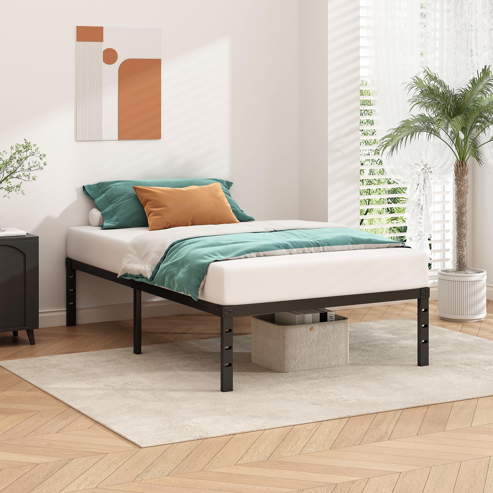 HLIPHA Metal Platform Bed Frame 14 Inch Tall,No Box Spring Needed,Twin Size Bed with Heavy Duty Strong Support Slats,Easy to Assemble,Black