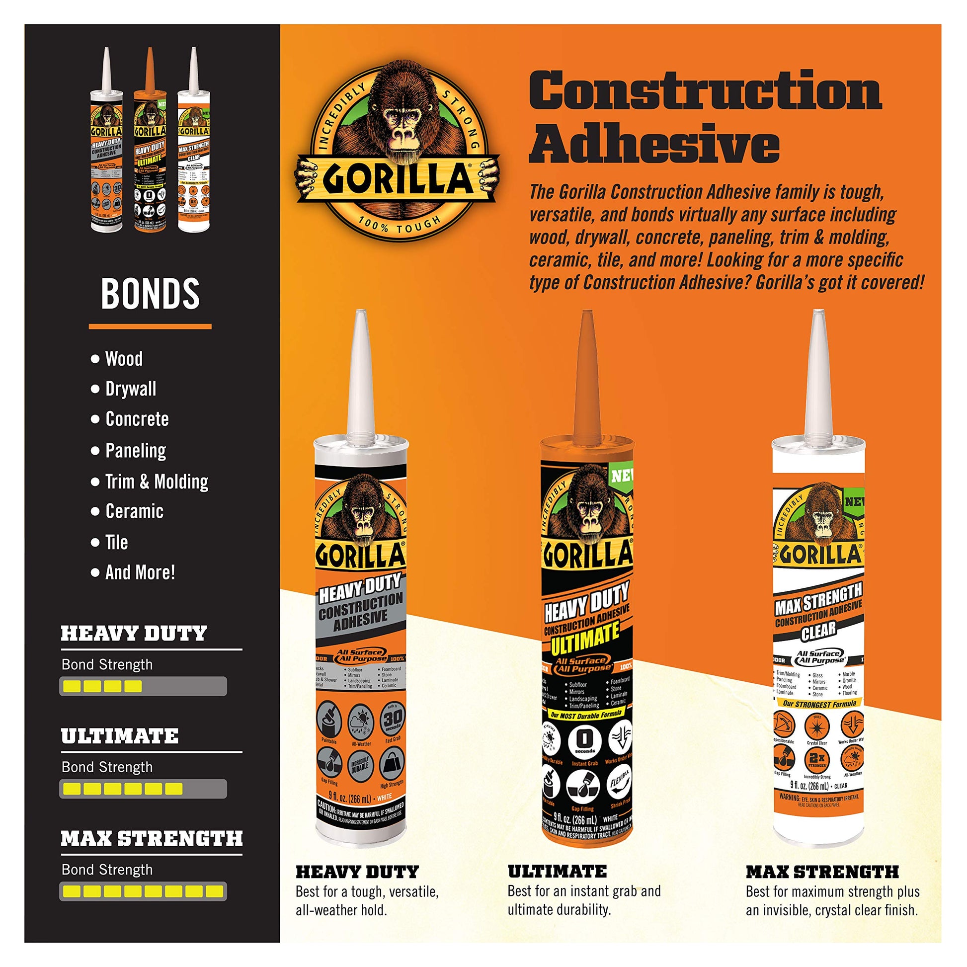 Gorilla Max Strength Construction Adhesive, Clear Glue, 9 Ounce Cartridge (Pack of 1) - Gap Filling and Waterproof