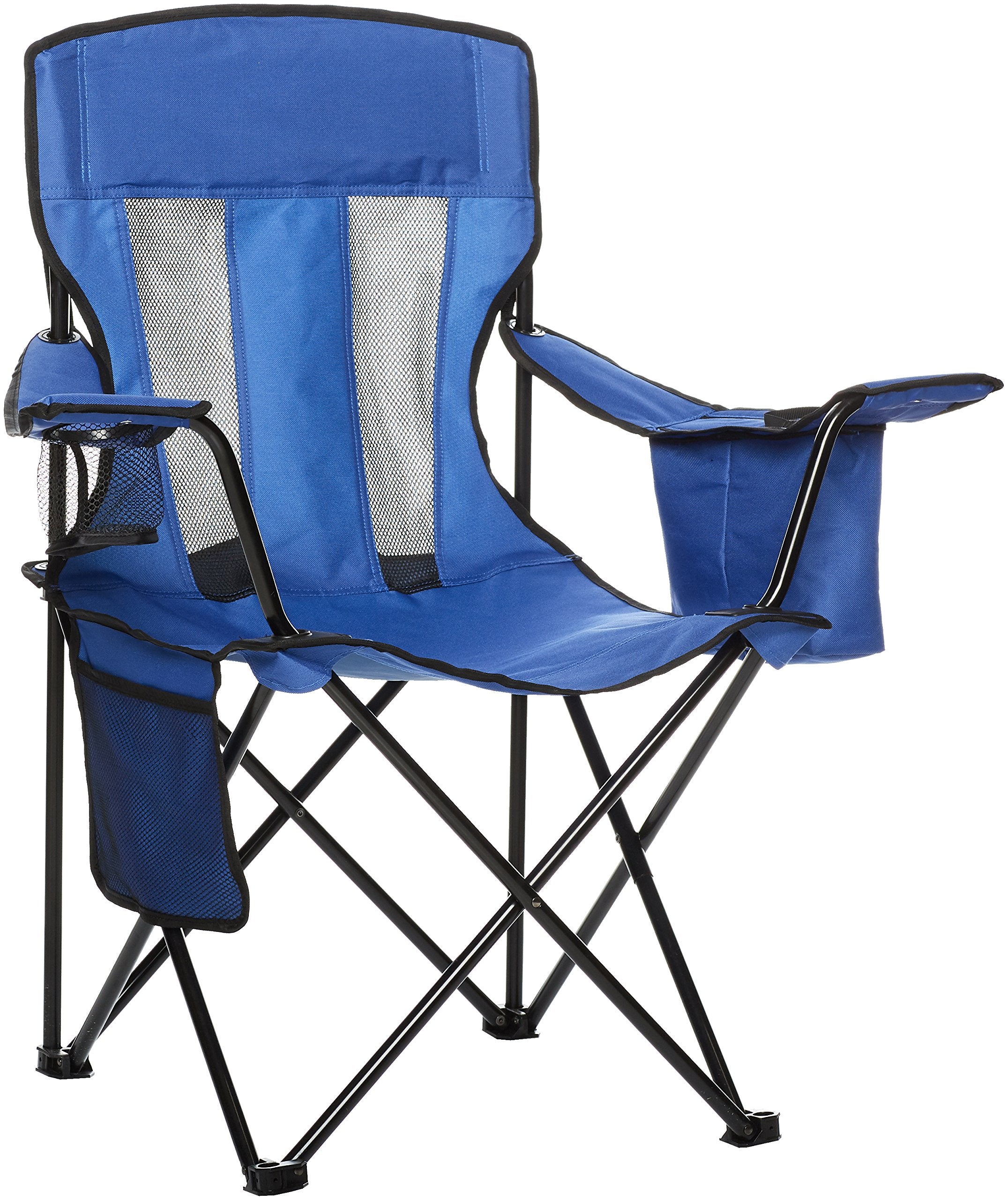 Basics Portable Camping Chair with 4-Can Cooler, Side Pocket, Cup Holder, and Carry Bag, Collapsible for Camping, Tailgates, Beach, and Sports, Large, Mesh Back, Blue