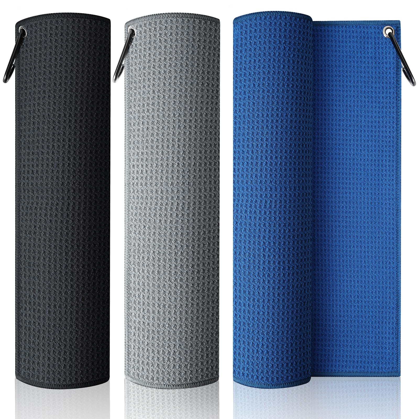 SPOROKET 3 Pack Golf Towel (16" x 16") with Carabiner Clip, Microfiber Golf Towels for Golf Bags Accessories for Men (Gray, Blue, Black)