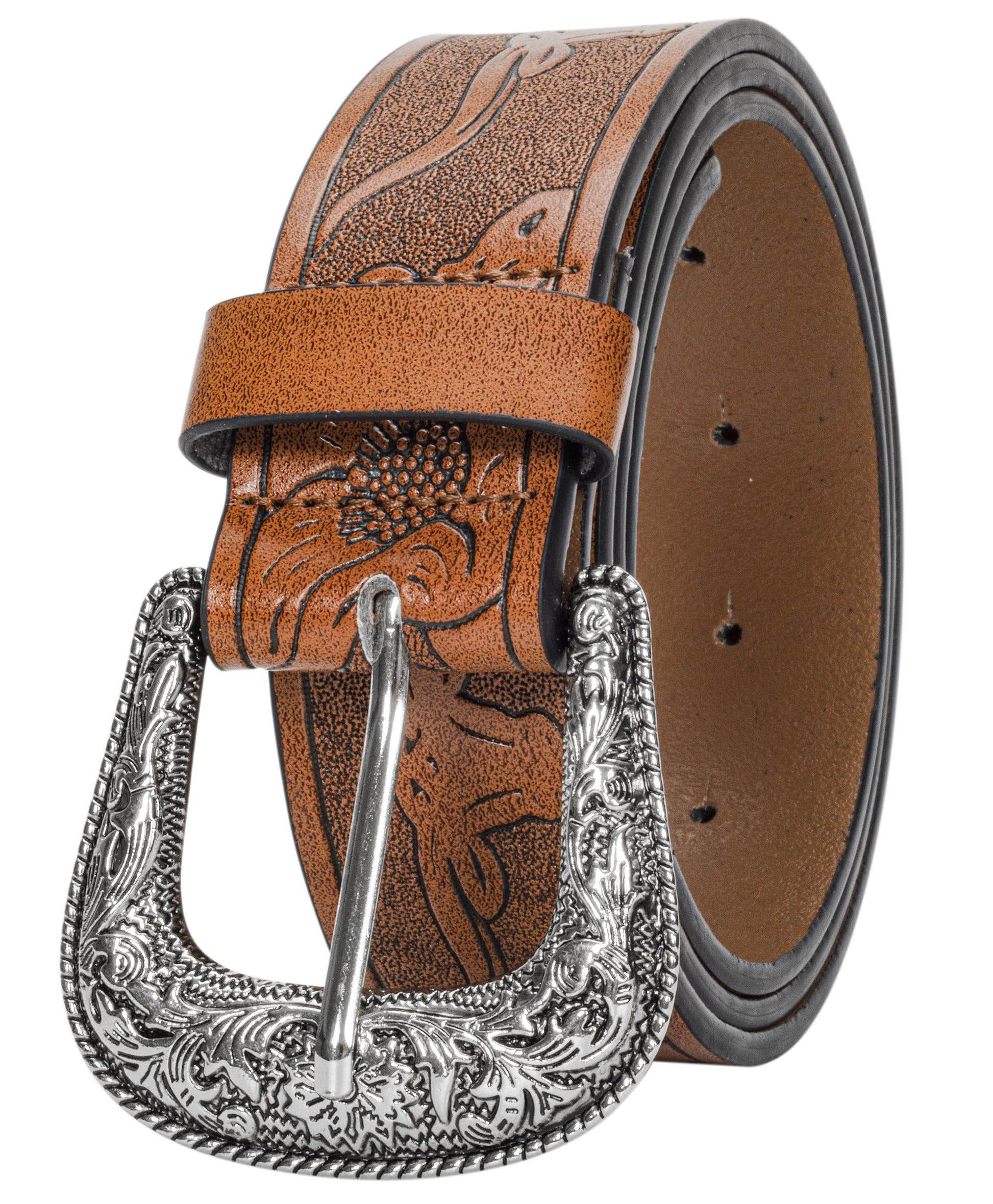 Western-Leather-Belts-Women Vintage Waist-Belts with Hollow Out Flower Buckle