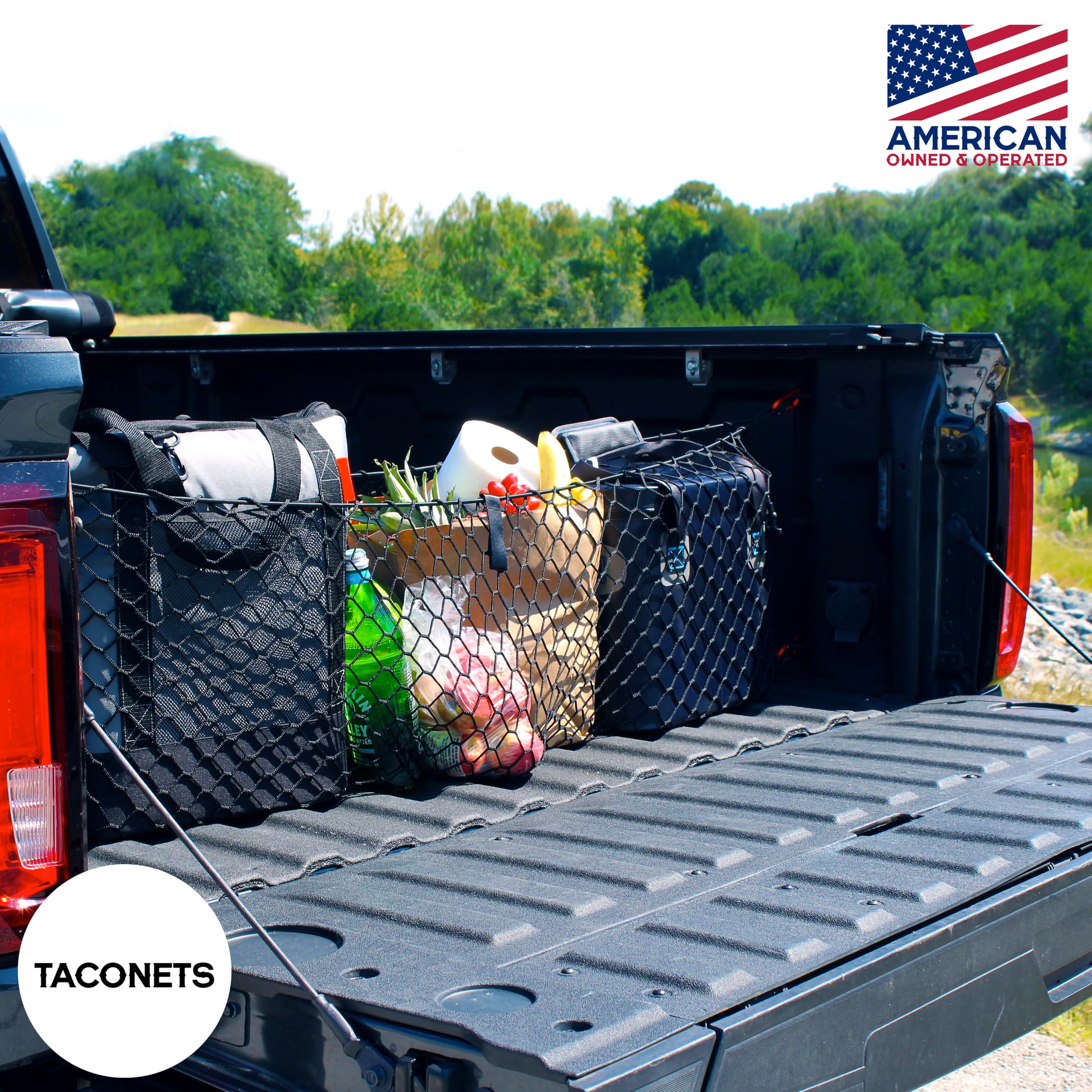 TacoNets Envelope Cargo Net for GMC Sierra & Chevy Silverado - Fits 2013-2025 - Upgraded 5mm Bungee - Integrated Storage Bag - Heavy Duty Carabiners - Designed in USA - 18" x 50"