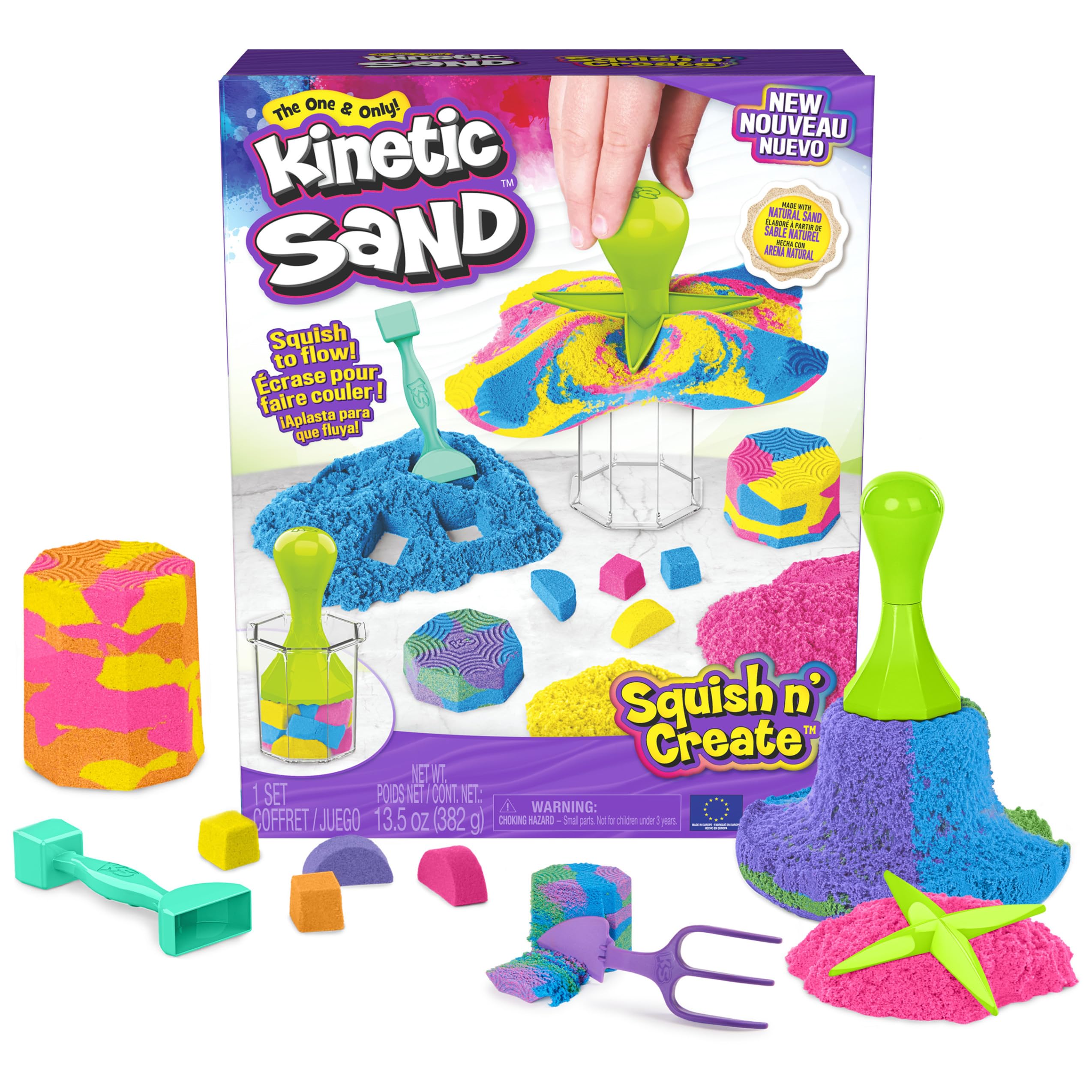 Kinetic Sand, Squish N' Create Playset with 13.5oz Blue, Yellow & Pink Play Sand, 5 Tools, Sensory Toys for Kids Ages 3 and up