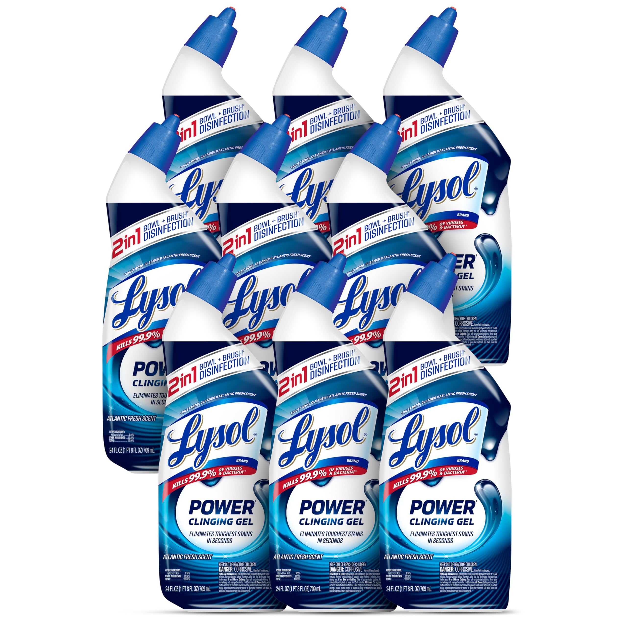 Lysol Toilet Bowl Cleaner, Max Strength Bathroom Cleaning Supplies, Toilet Bowl Cleaner Clinging Gel, Home Essential, Instant Stain Removal, Disinfecting and Deodorizing, Bleach Free, 24 oz (9 ct)