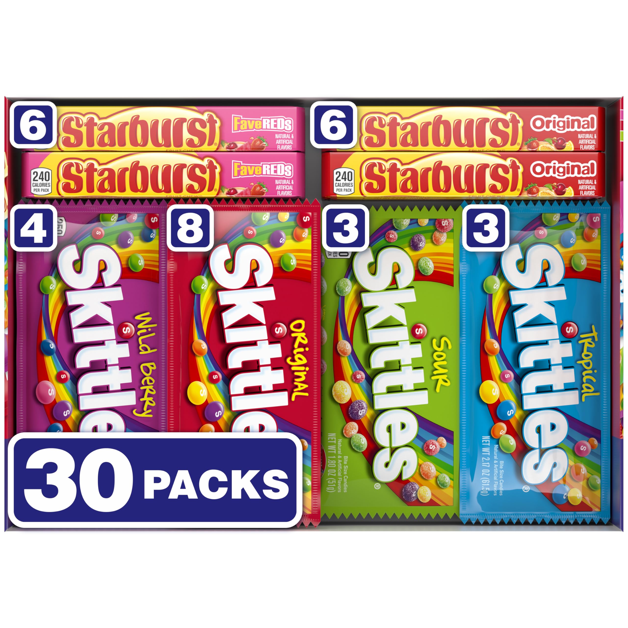 علبة حلويات متنوعة من SKITTLES & STARBURST للعطلات، تشكيلة حلوى، هدايا الحفلات، 62.79 أونصة (30 قطعة) صندوق كبير