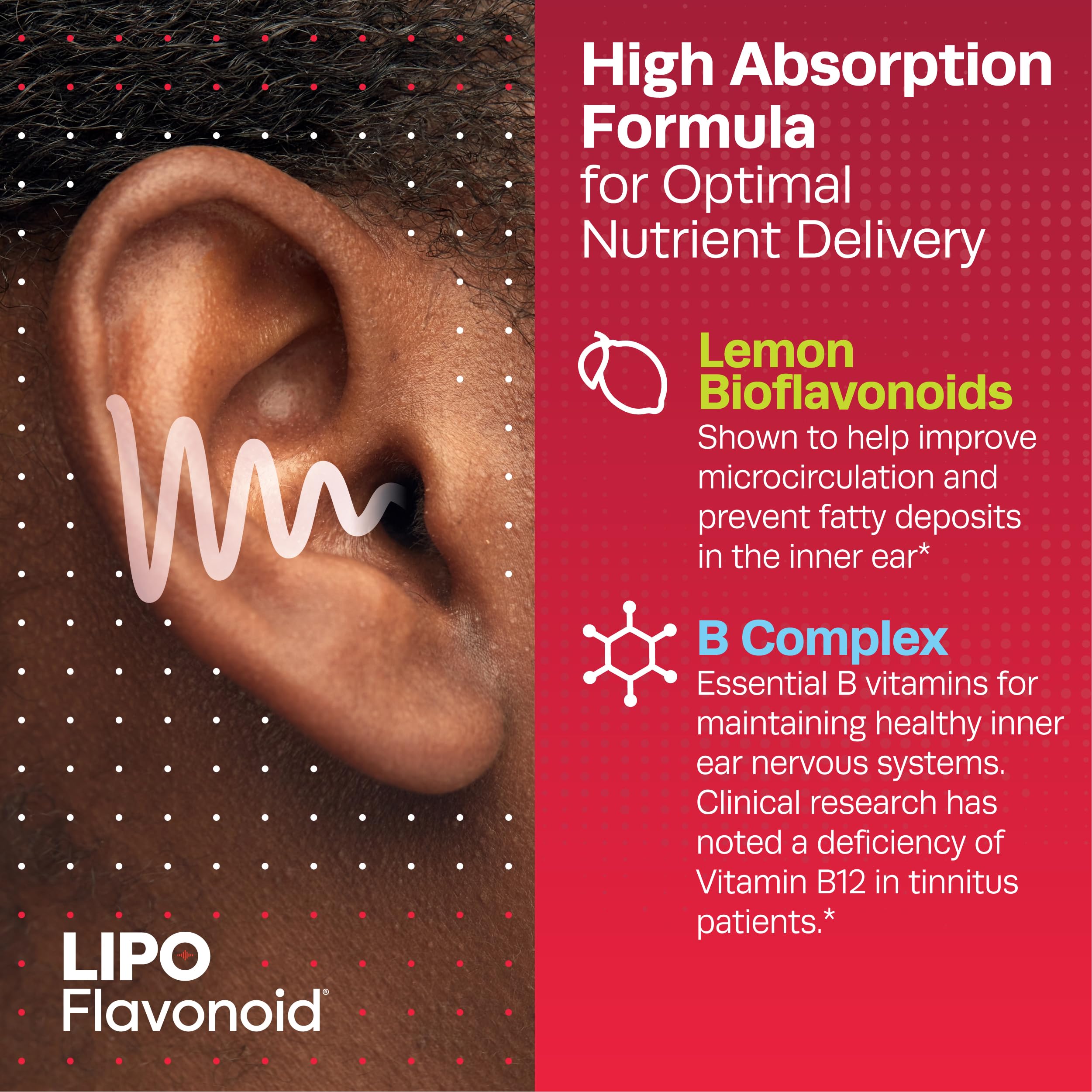 Lipo-Flavonoid Plus Tinnitus Relief - Doctor-Recommended for Ringing Ears - Clinically-Proven Lemon Bioflavonoid Complex with Vitamins C, B1, B2, B6, B12, & Calcium - 100 Caplets