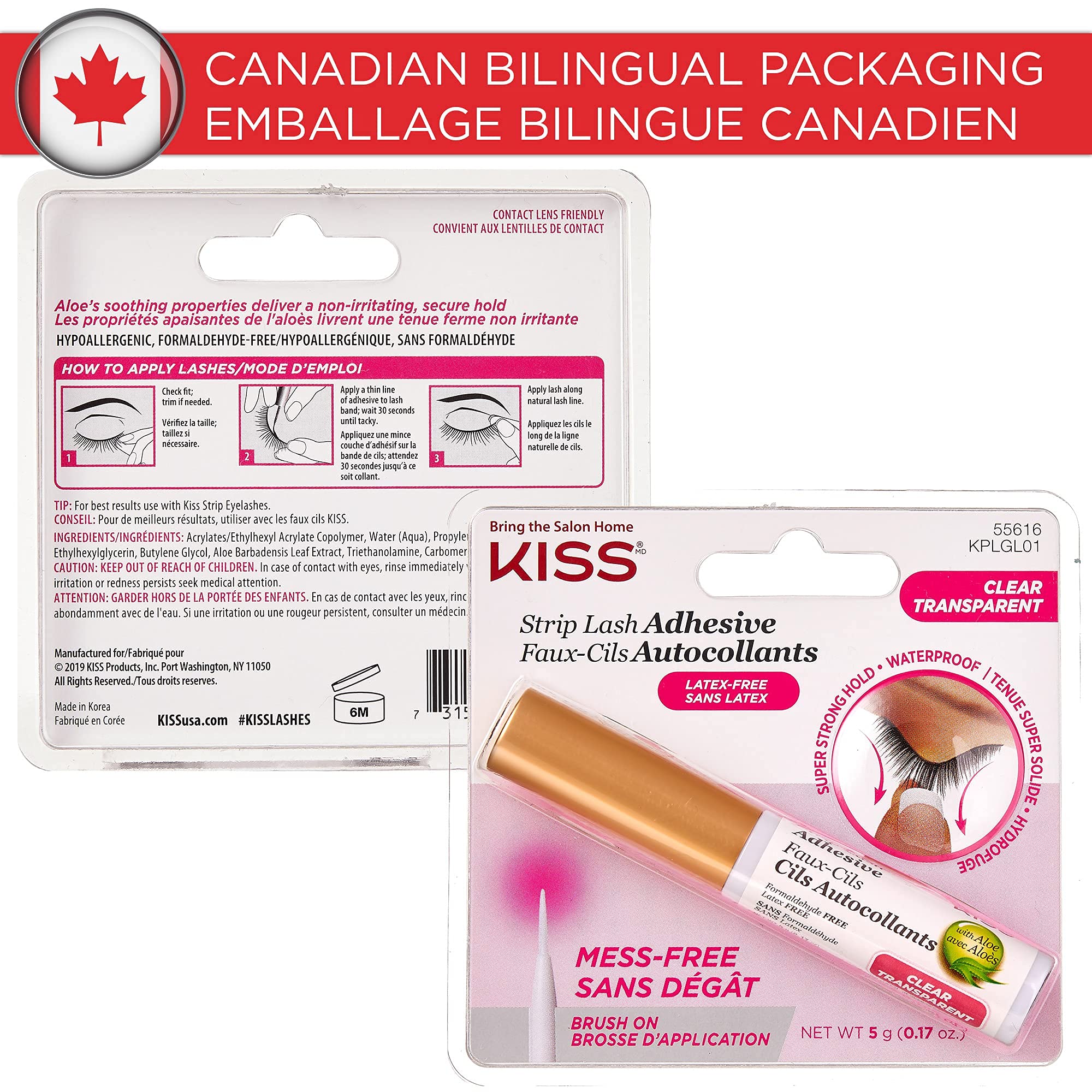 KISS Strip Lash Adhesive, Lash Glue, 24hr Strip Eyelash Adhesive, Clear, Includes Lash Adhesive, Long Lasting Wear, Can Be Used with Strip Lashes and Lash Clusters