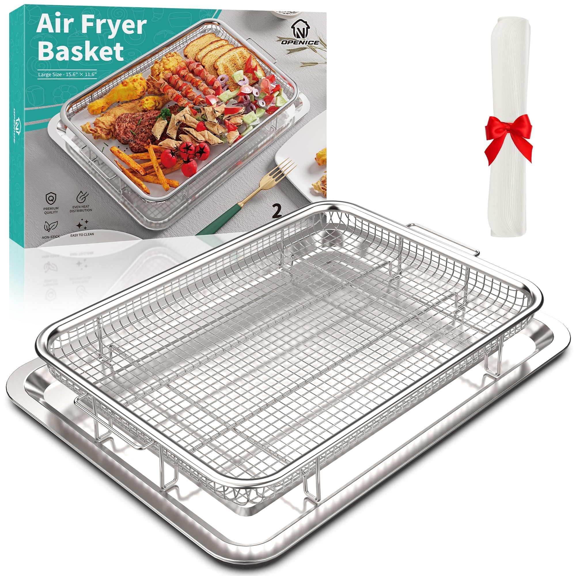 Air Fryer Basket for Oven, OPENICE 15.6" x 11.6" Large Air Fryer Tray and Pan with 30PCS Parchment Papers, Stainless Steel Oven Air Fryer Basket and Tray for Baking Grilling