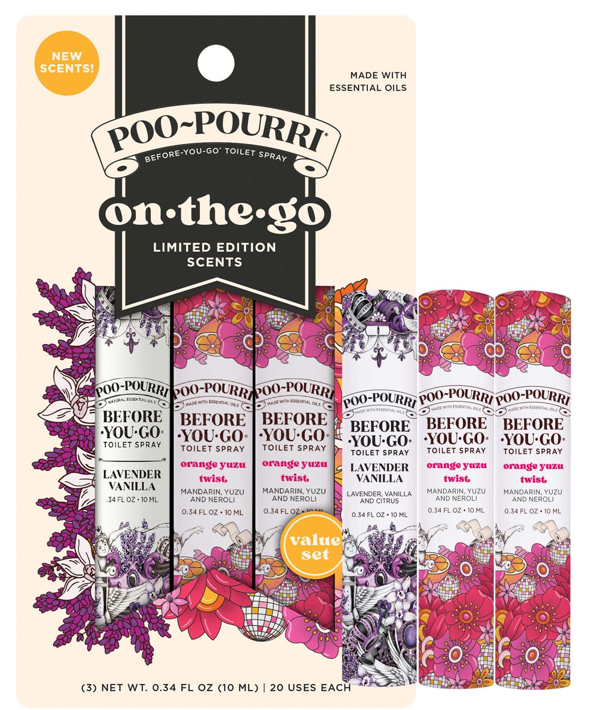 Poo-Pourri Before-You-Go Toilet Spray, Travel Essentials, .34 Fl Oz, In A Pinch Variety 3 Pack, Each Up to 20 Uses, On-The-Go Bathroom Odor Deodorizer with Essential Oils, TSA Approved Size, 2 Scents