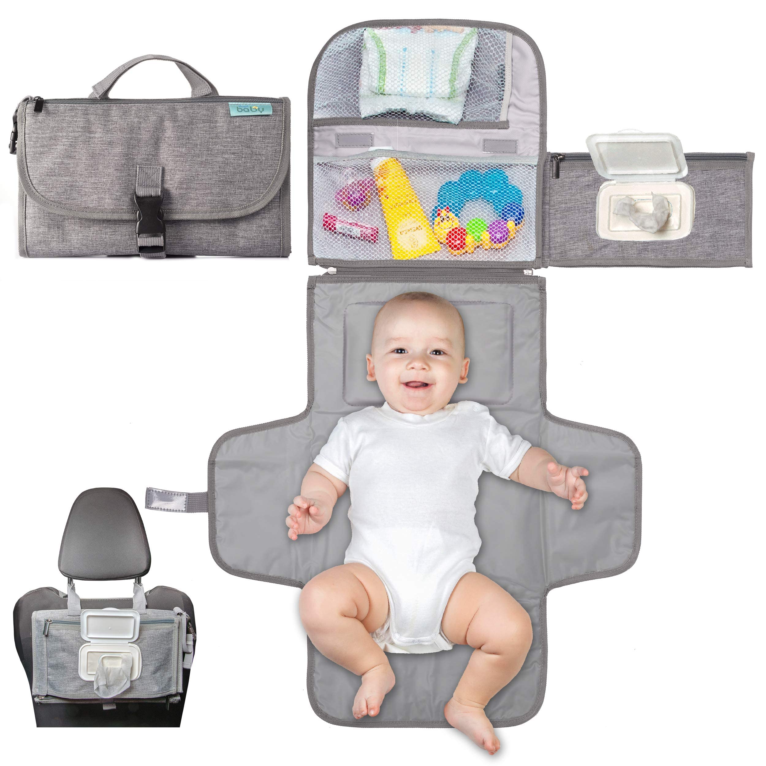 Kopi Baby Tragbare Wickelunterlage - Baby-Wickeltasche mit Feuchttücherfach, intelligent designte tragbare Wickelauflage, Reise-Set für Babys, Geschenk für neugeborene Mädchen & Jungen - Grau, Klassisch