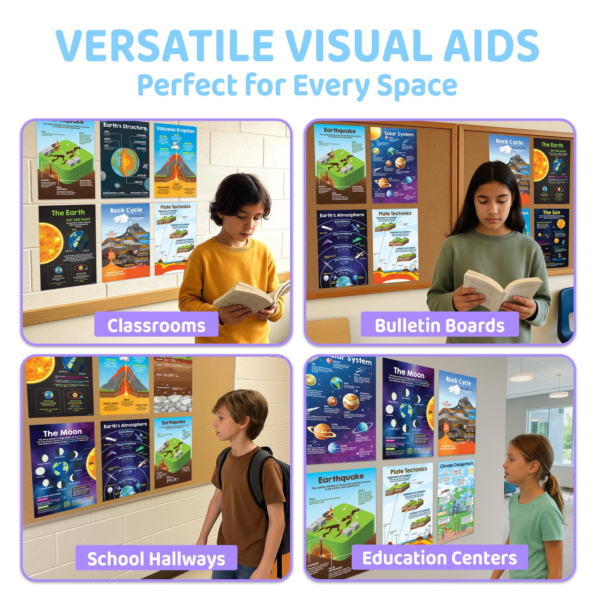 Decorably 14 Earth Science Posters for Classroom Middle School, 11x17in Matte-Laminated Educational Science Decorations for Classroom - School Hallways, Bulletin Boards, Home Study Room