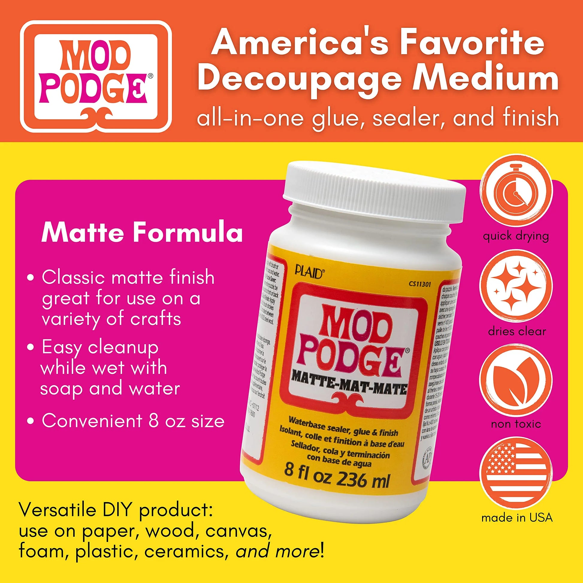 Mod Podge Matte Sealer, Glue & Finish: All-in-One Craft Solution- Quick Dry, Easy Clean, for Wood, Paper, Fabric & More. Non-Toxic - Craft with Confidence, Made in USA, 8 oz., Pack of 1