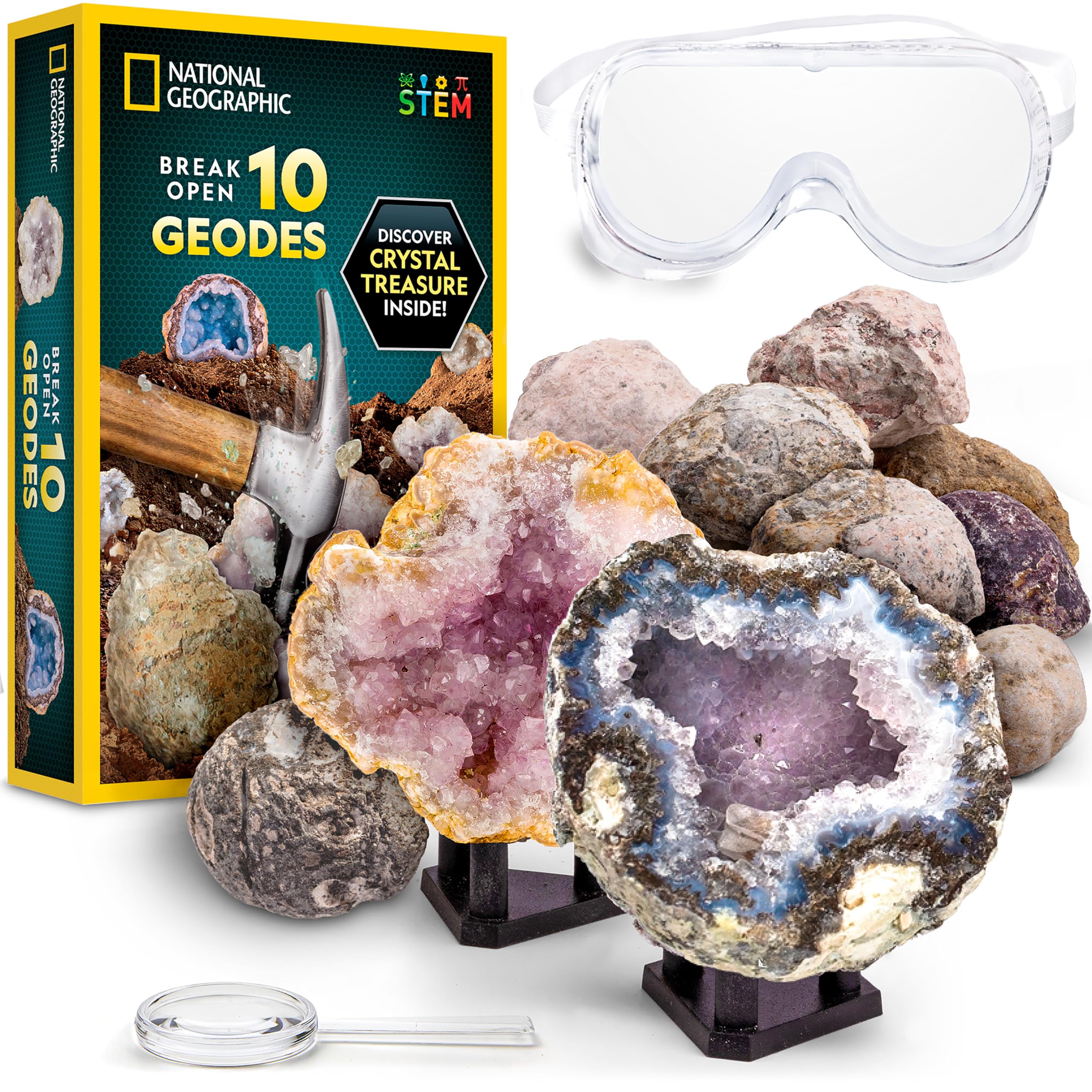 National Geographic Break Open 10 Premium Geodes - Includes Goggles & 2 Display Stands - Great STEM Science Kit, Geology Gift for Kids, Break Your Own Geodes with Crystals