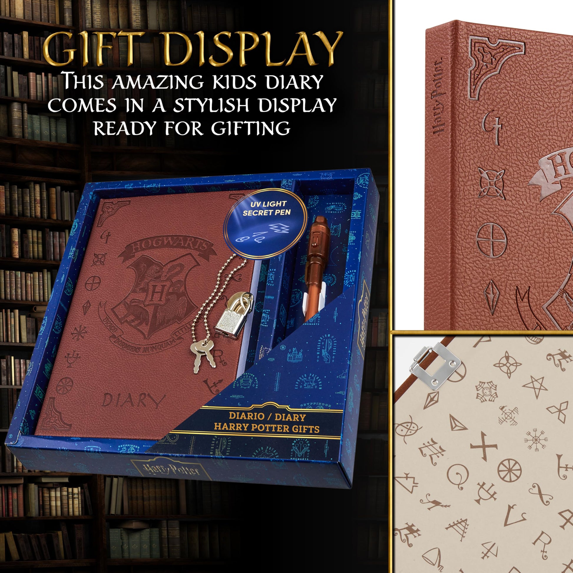 Harry Potter Lockable Diary with UV Invisible Ink Pen for Kids, Teens, Secret Journal with Key, Lined Pages, Stationery Supplies, Gifts for Kids (Brown UV Pen)