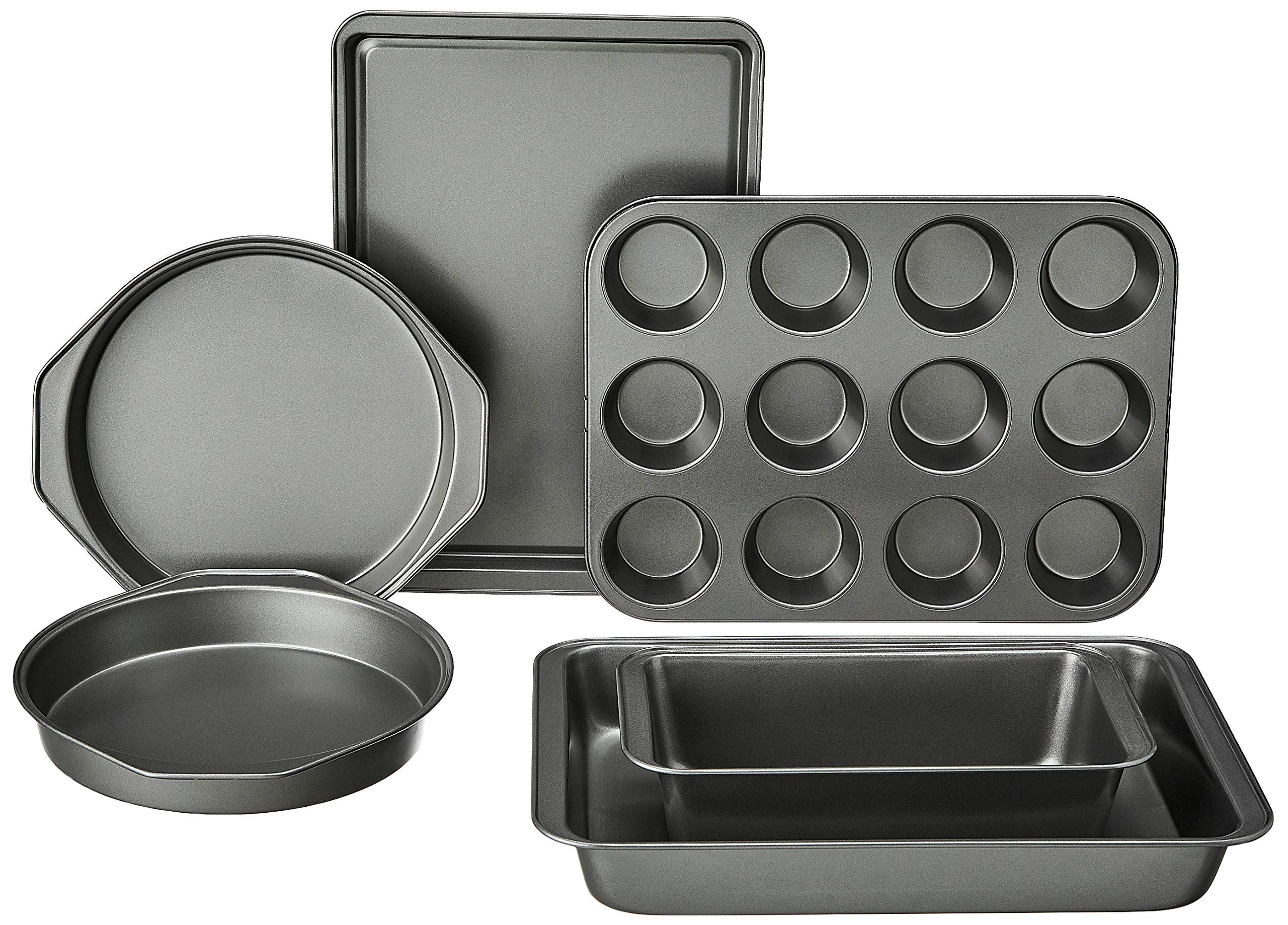 Basics 6 Piece Nonstick, Carbon Steel Oven Safe Bakeware Set with Cake, Muffin, Cookie, and Loaf Pans, 6 Piece, 16.25 x 11.75 x 6.25 inches