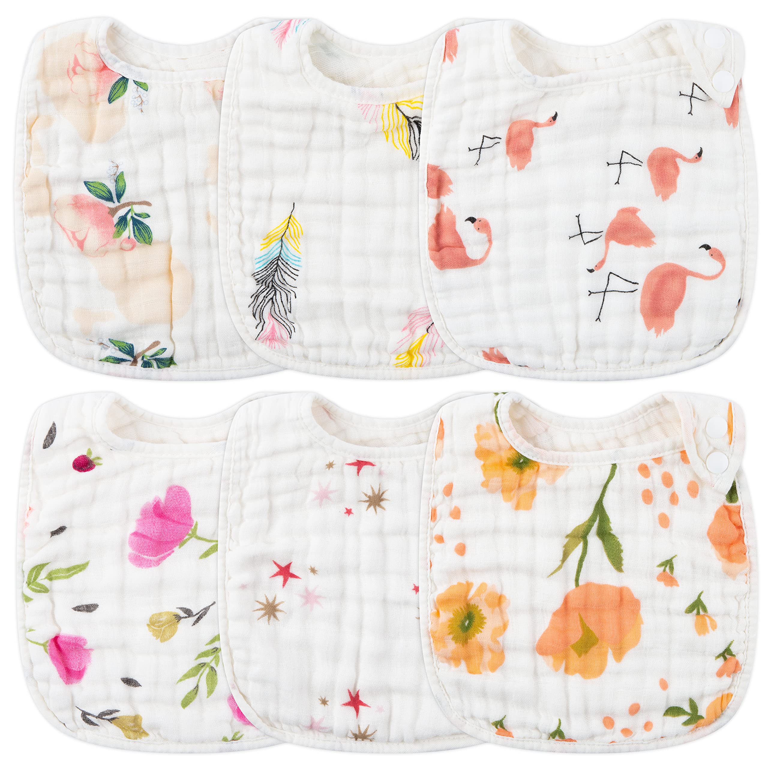 Zainpe 6Pcs Snap Muslin Cotton Bibs for Baby, Flamingo Star Flower Machine Washable Adjustable Burp Cloths with 6 Absorbent Soft Layers for Infant Newborn Toddler Drooling Feeding and Teething