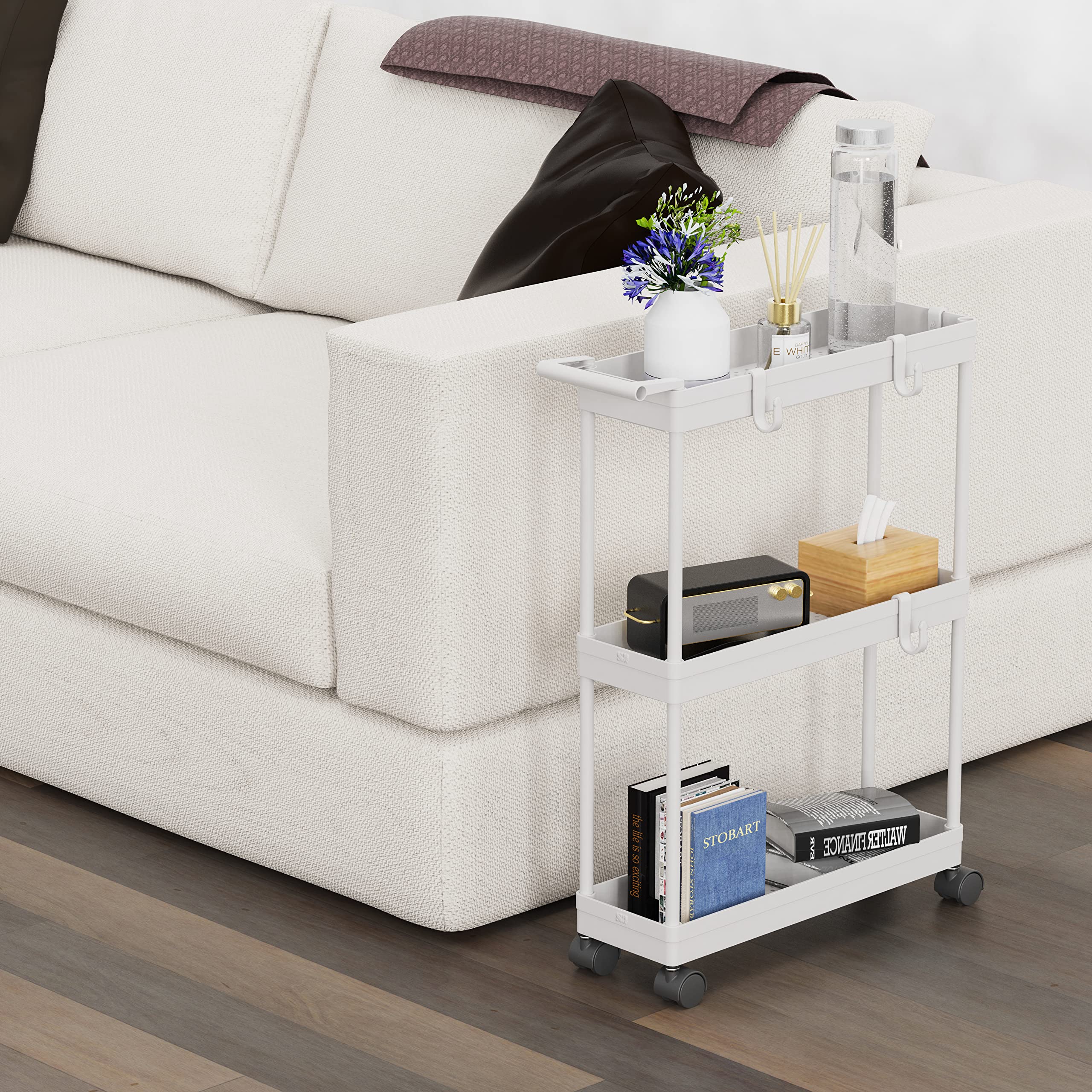Simple Houseware 3-Tier Slim/Narrow Storage Cart with Handle, 5.5'' Wide x 26.5'' Height Rolling Organizer for Kitchen, Bathroom, Laundry Room - White
