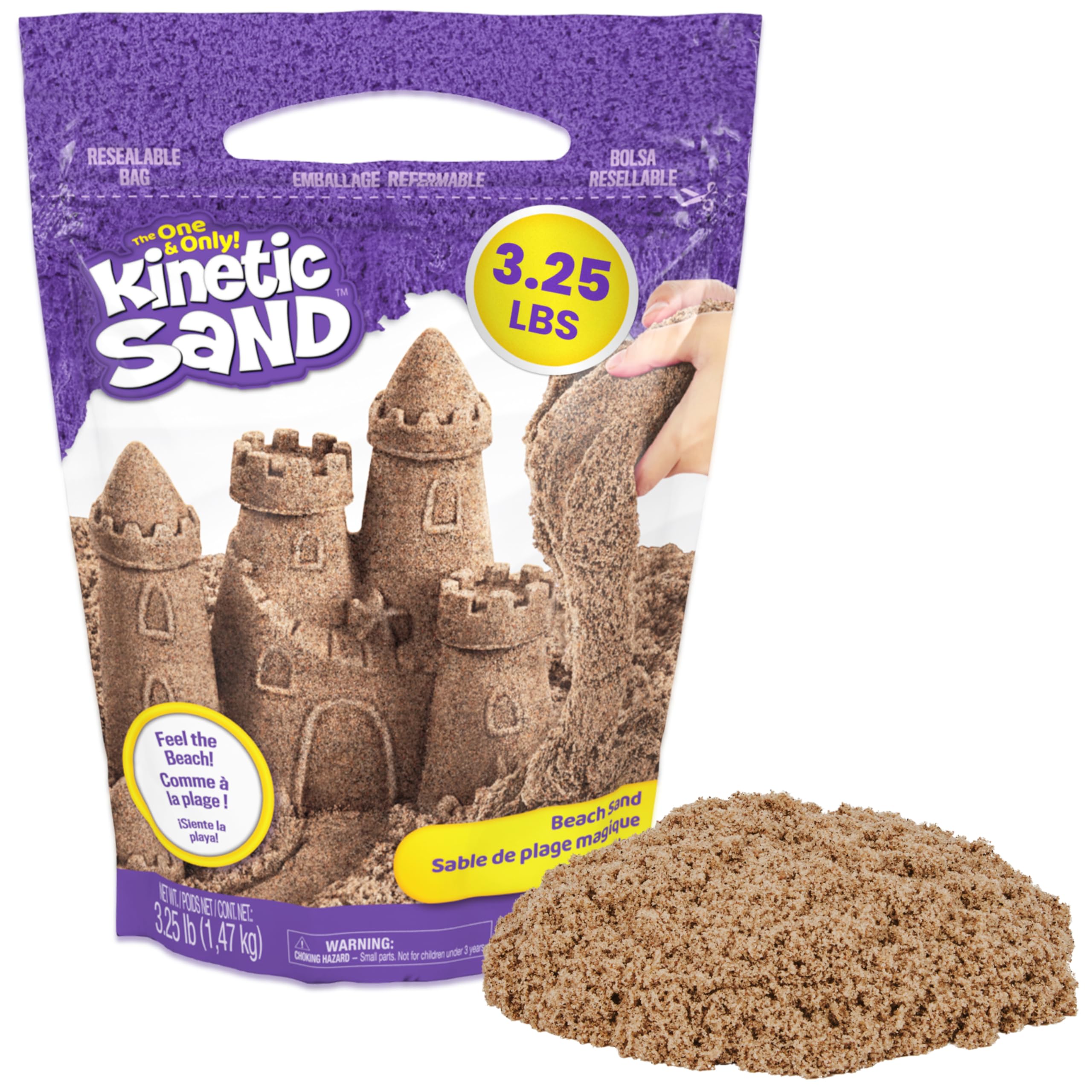 Kinetic Sand, 3.25lbs Beach Play Sand, Moldable Sensory Toys for Kids, Resealable Bag (Packaging May Vary), for Ages 3 and up