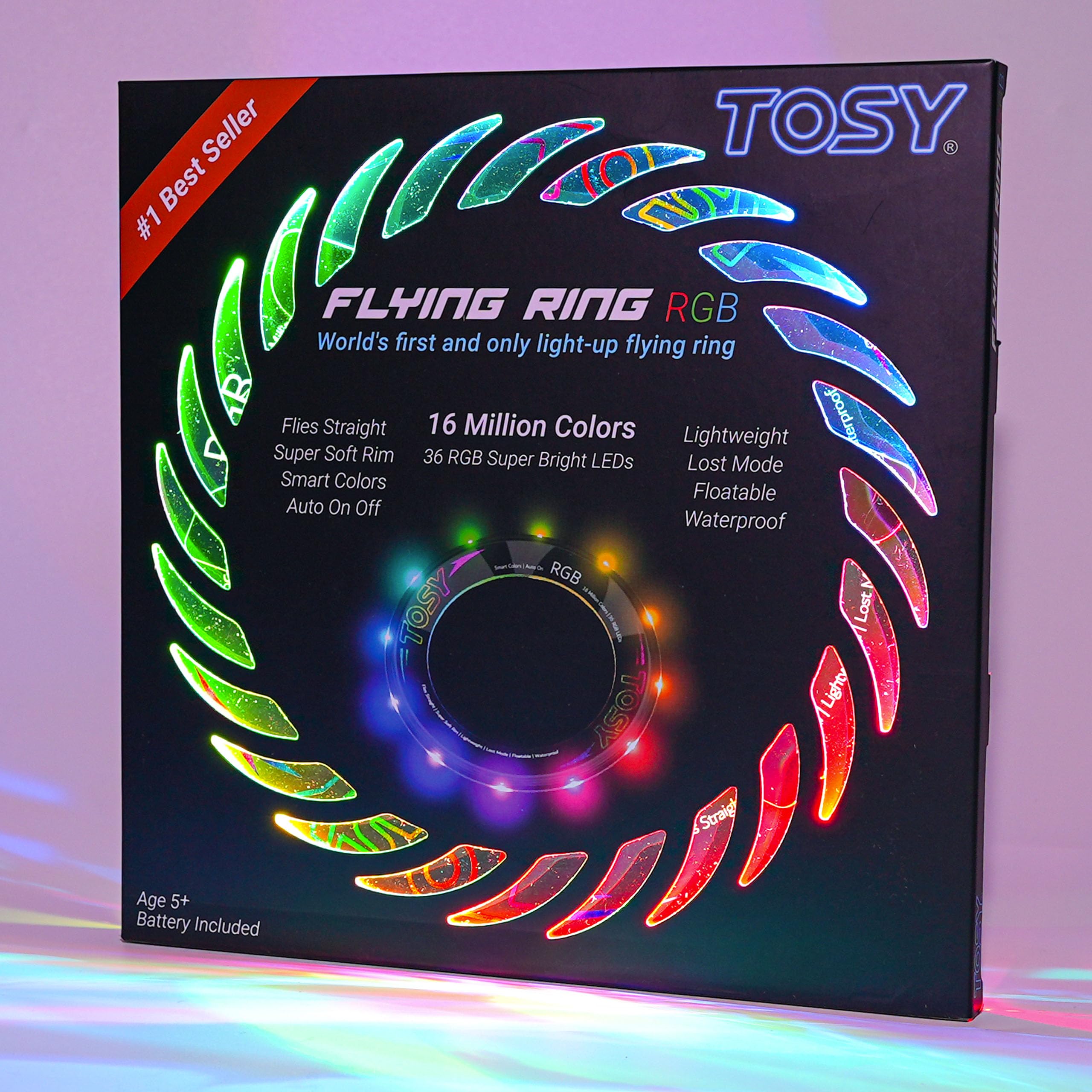 حلقة طائرة من TOSY - 16 مليون لون إضاءة LED RGB، ساطعة جدًا، وضعية الفقدان، تضيء تلقائيًا، مستلزمات تخييم للأطفال/المراهقين/الصبية/الفتيات، آمنة وناعمة، مقاومة للماء، ألعاب للمسبح/الشاطئ، لعبة خفيفة الوزن