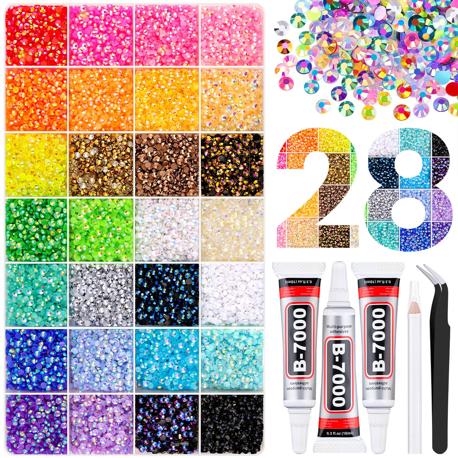 30000 Stück Harz-Strasssteine mit Pinzette zum Basteln, gemischte Farben, 3 mm, Glitzerkristalle mit 3 Stück 10 ml B7000 Schmuckkleber für DIY-Bastelarbeiten, Kleidung, Becher, Schuhe, Stoff, Nagelkunst