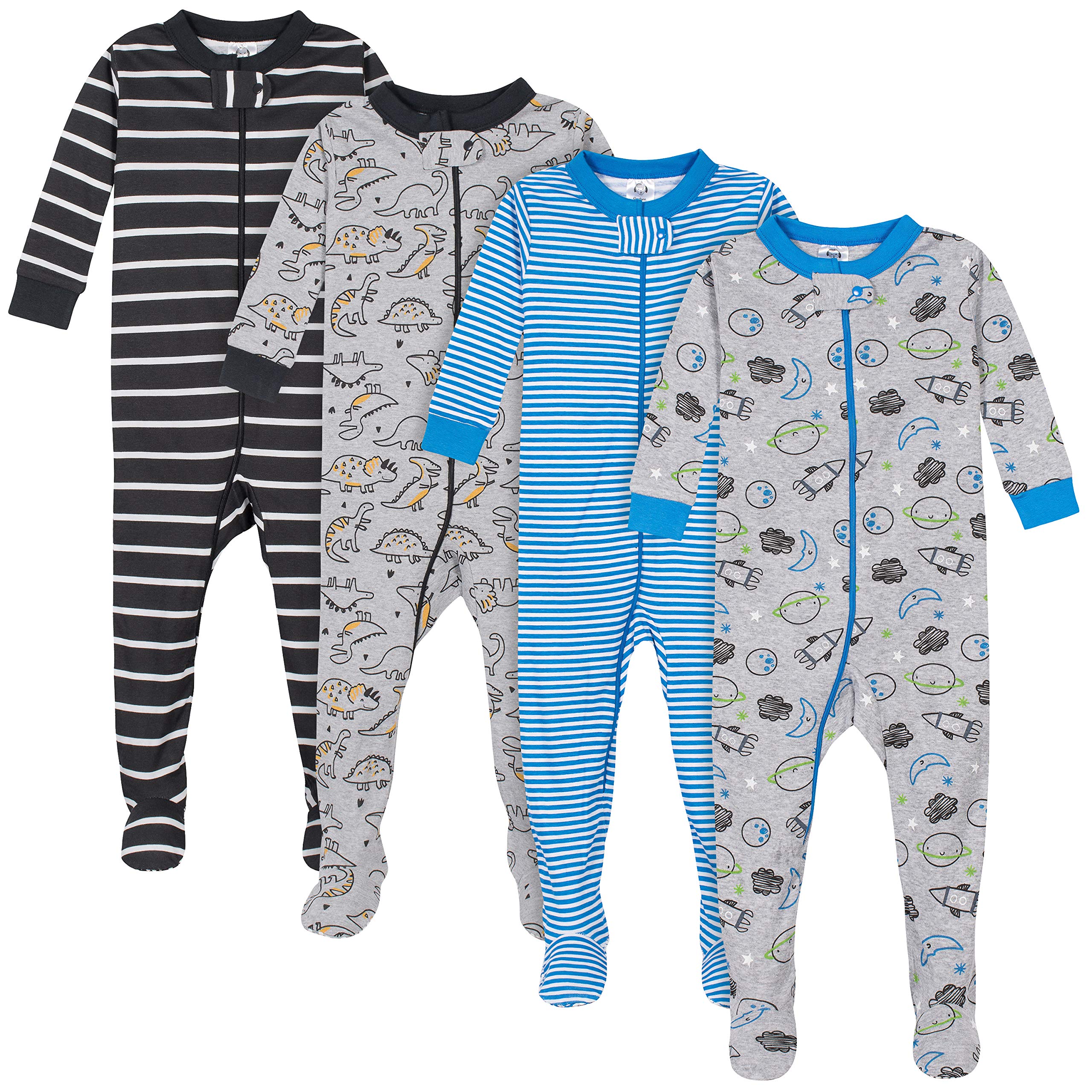 Gerber Baby Boys' 4-Pack Footed Pajamas, Dinosaurs Space Grey, 18 Months