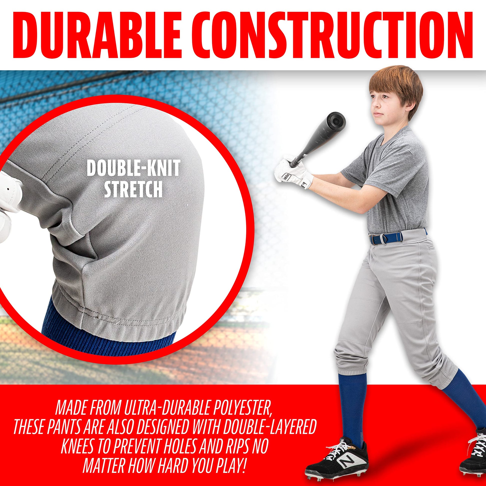Franklin Sports Youth Baseball Knicker Style + Knee High Softball Pants for Kids - Boys + Girls with Belt Loop - Grey - Youth Small
