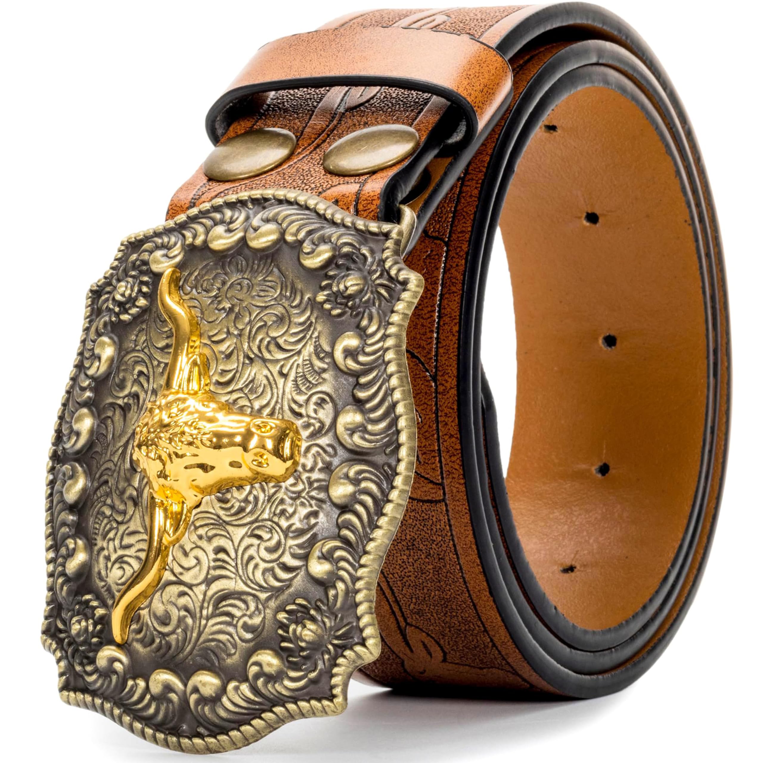Western Cowboy PU Leather Belt - Men Waist Strap Bull Decoration Floral Engraved for Jeans 31" to 34" Waist