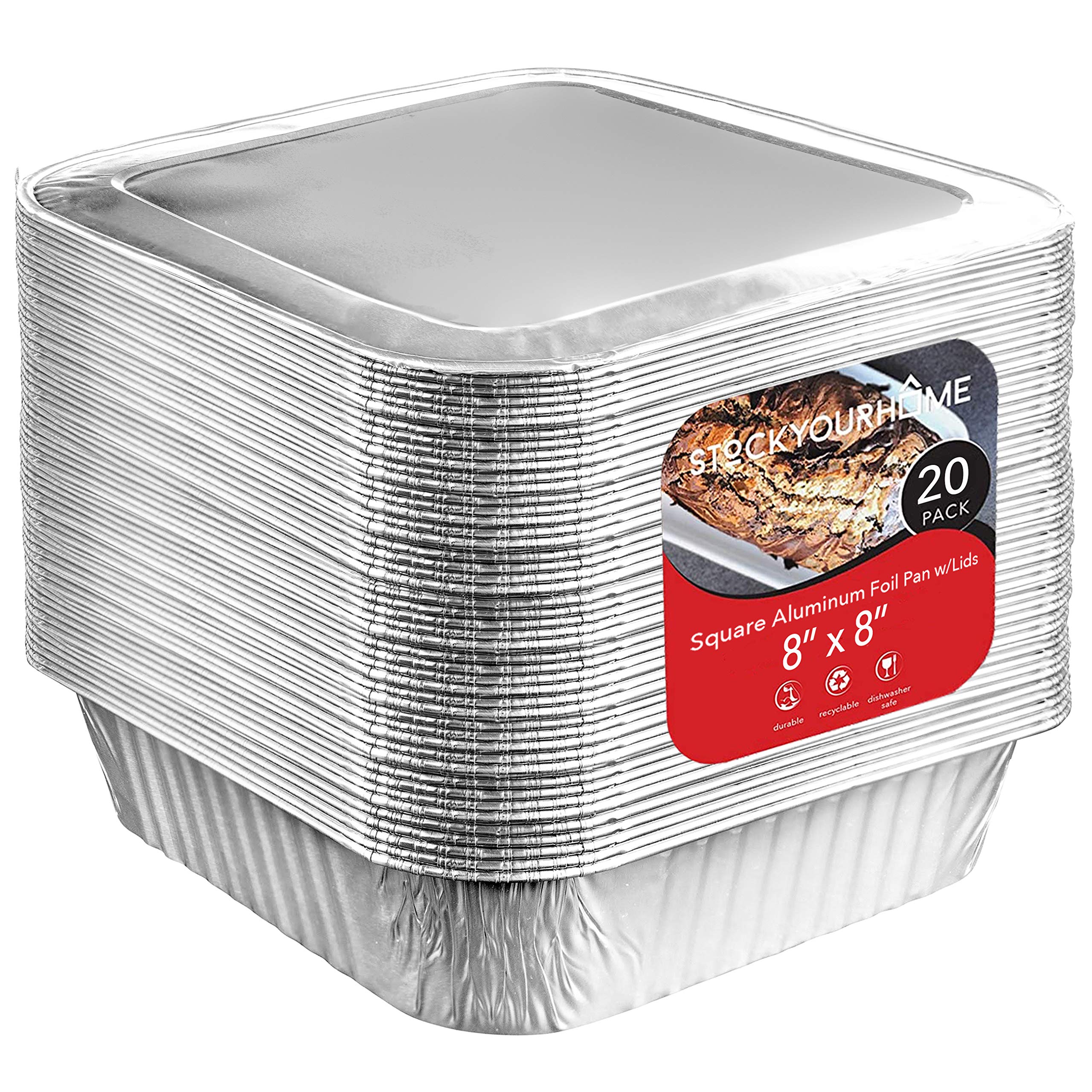 8x8 Foil Pans with Lids (20 Pack) 8 Inch Square Aluminum Pans with Covers -Disposable Food Containers Great for Baking Cake, Cooking, Heating, Storing, Prepping Food