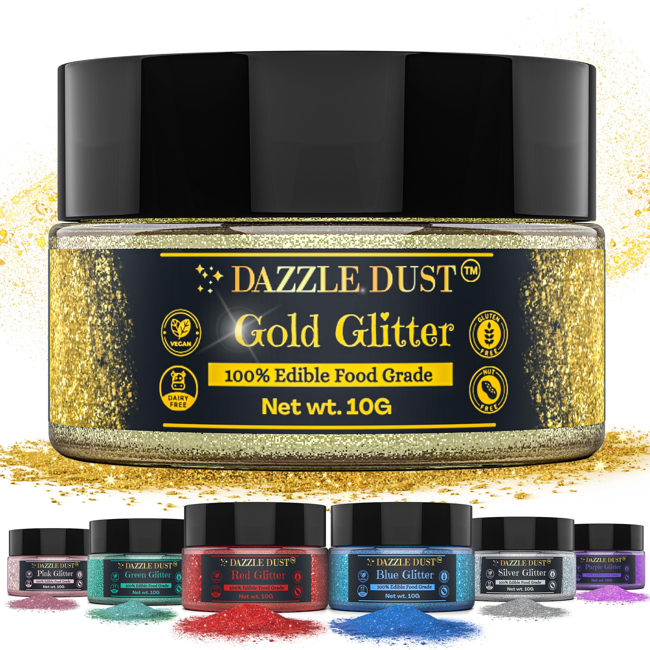 Dazzle Dust Edible Glitter Sprinkles for Cake Decorating, Drinks, Cookie, Icing, Dessert Decorations, Sparkly Luster, Food-Grade, Vegan, Gluten Free, Kosher, Bulk 10g, Gold