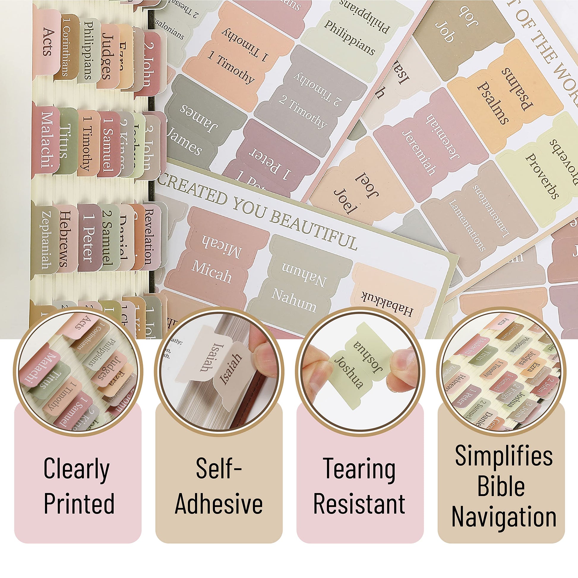 Mr. Pen- Bible Tabs, 75 Boho Theme Laminated Tabs for Women and Men, Study Bible Index, Book Labels