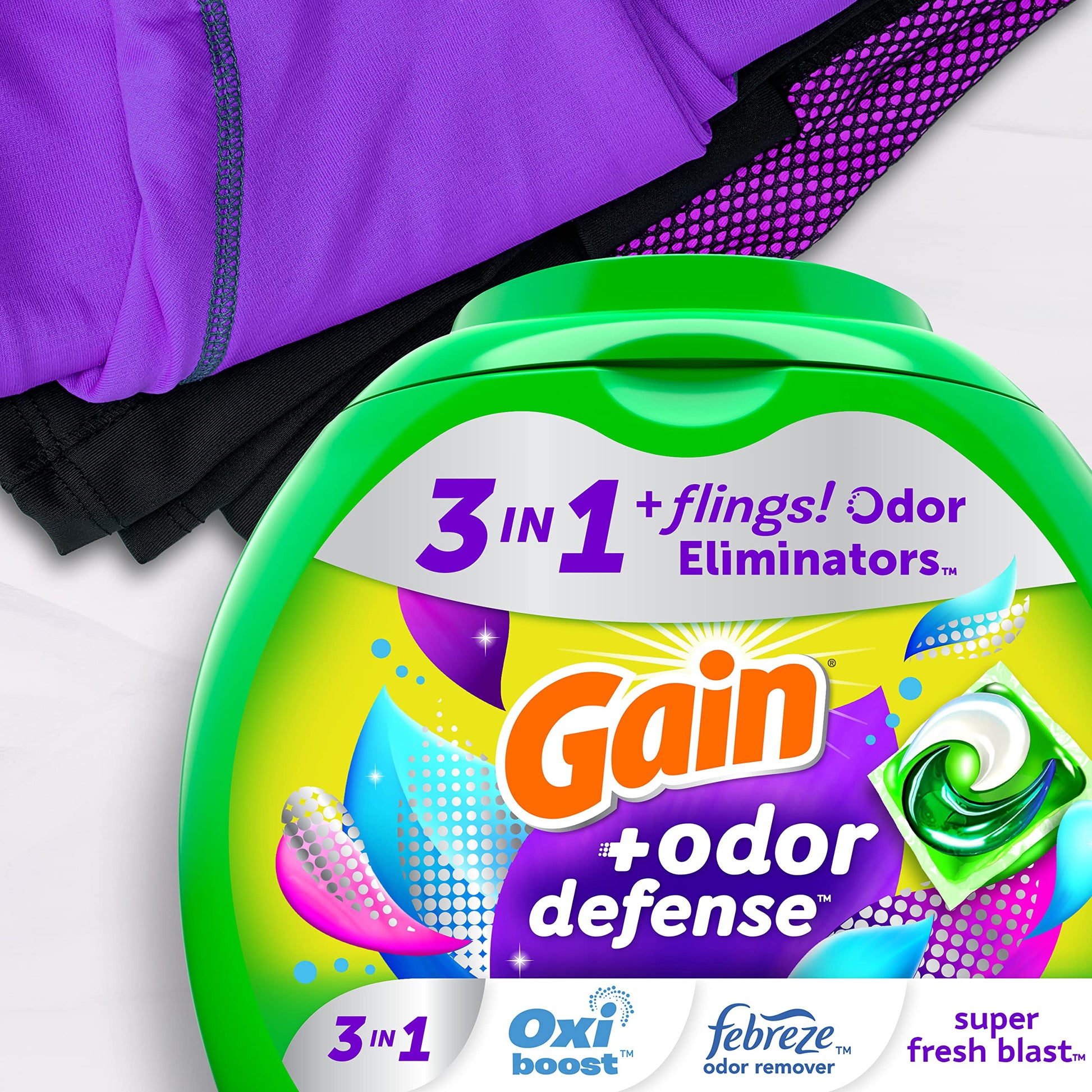 Gain Flings Laundry Detergent Pacs with Odor Defense 60 Ct Super Fresh HE 3in1 Detergent Pacs with Febreze and Oxi