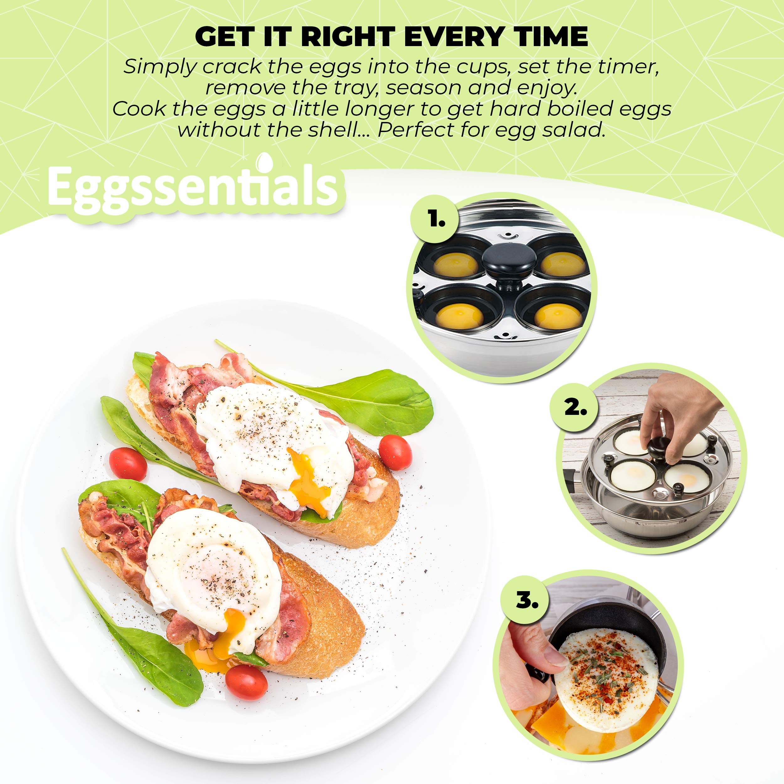 Egg Poacher - Eggssentials Poached Egg Maker, Stainless Steel Egg Poaching Pan, Poached Eggs Cooker Food Grade Safe PFOA Free with Spatula.