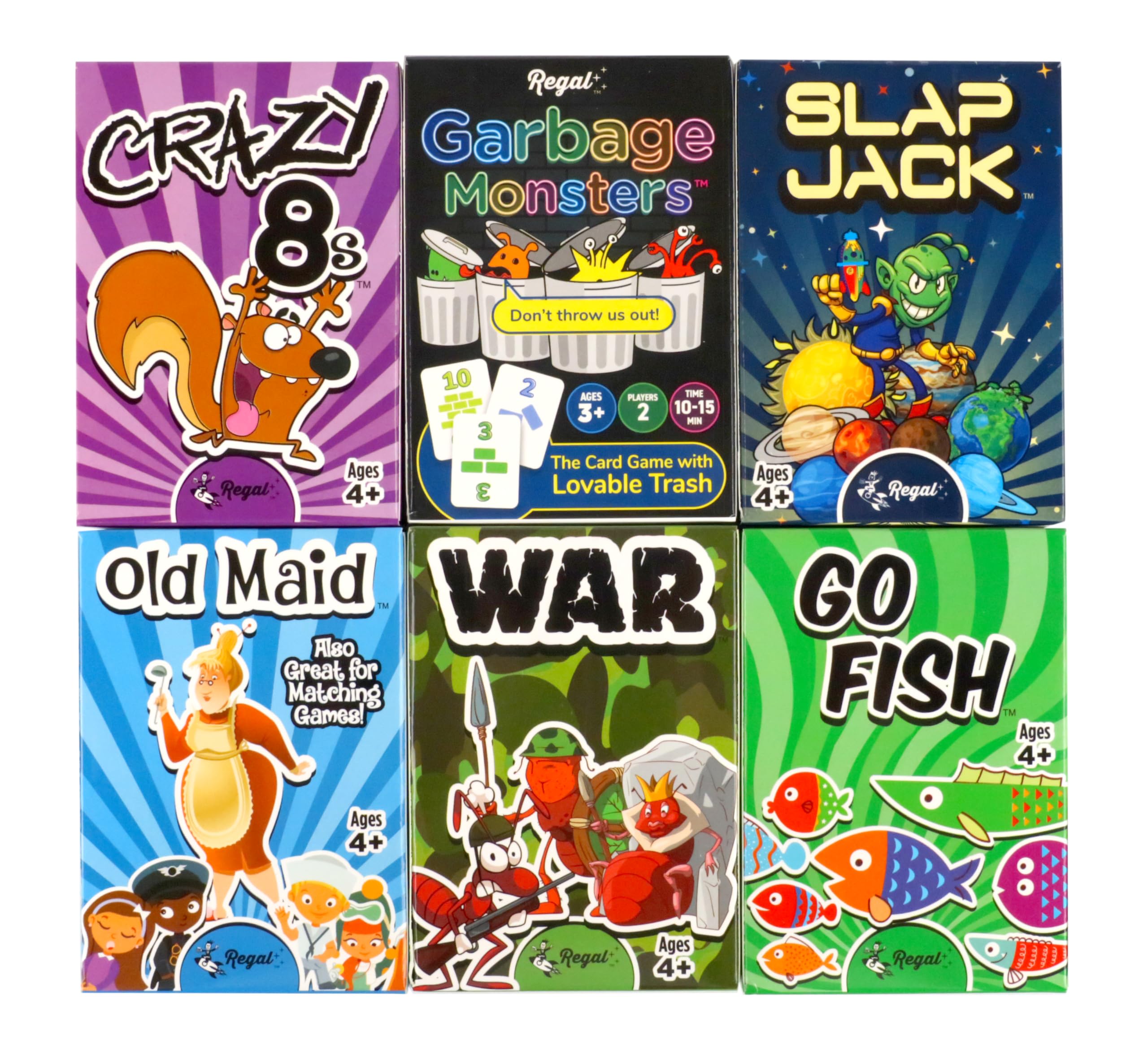 ألعاب الورق للأطفال من ريغال جيمز - Go Fish، Crazy 8's، Old Maid، Slap Jack، Garbage Monster، War - ألعاب طاولة عائلية كلاسيكية بسيطة وممتعة - (قد تختلف الألعاب) (مجموعة من 6)