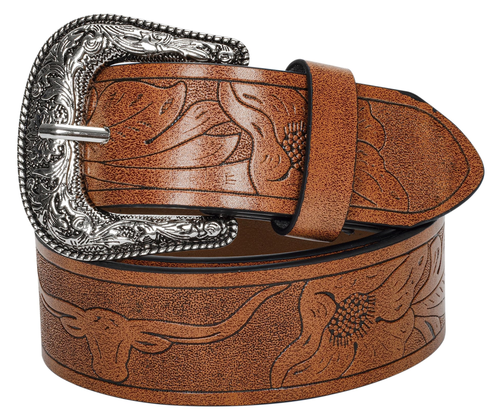 Western-Leather-Belts-Women Vintage Waist-Belts with Hollow Out Flower Buckle